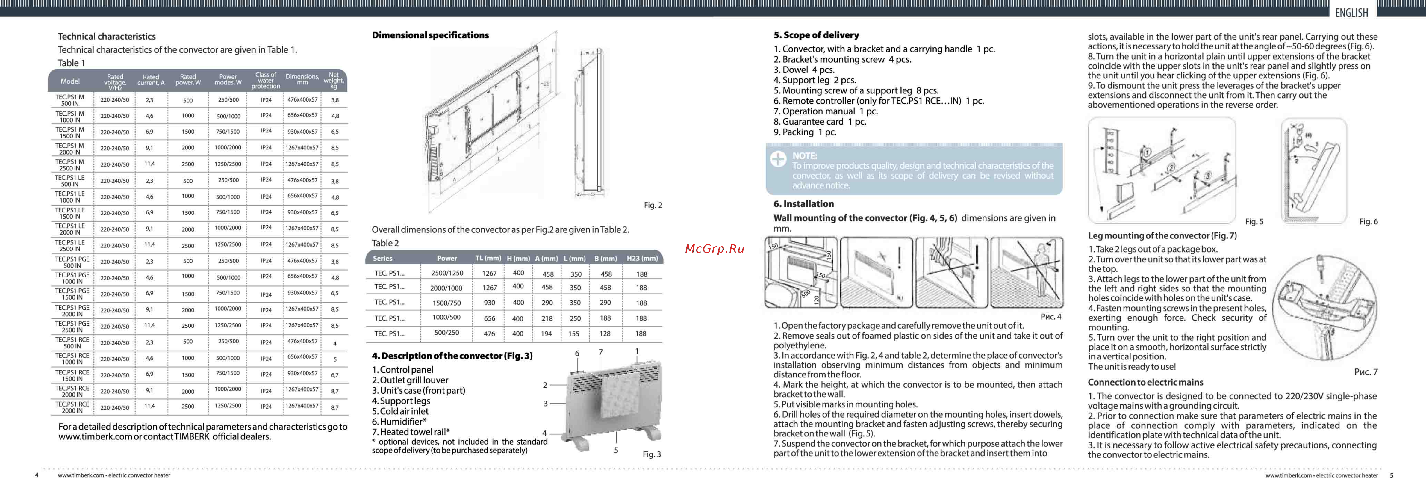 Timberk TEC.PS1 ML 15 IN (OG) [3/16] Take 2 legs out of a package box 2 turn over the unit so that its lower part was at the top 3 attach legs to the lower part of the unit from the left and right sides so that the mounting holes coincide with holes on the unit s case 4 fasten mounting screws in the present holes exerting enough force check security of