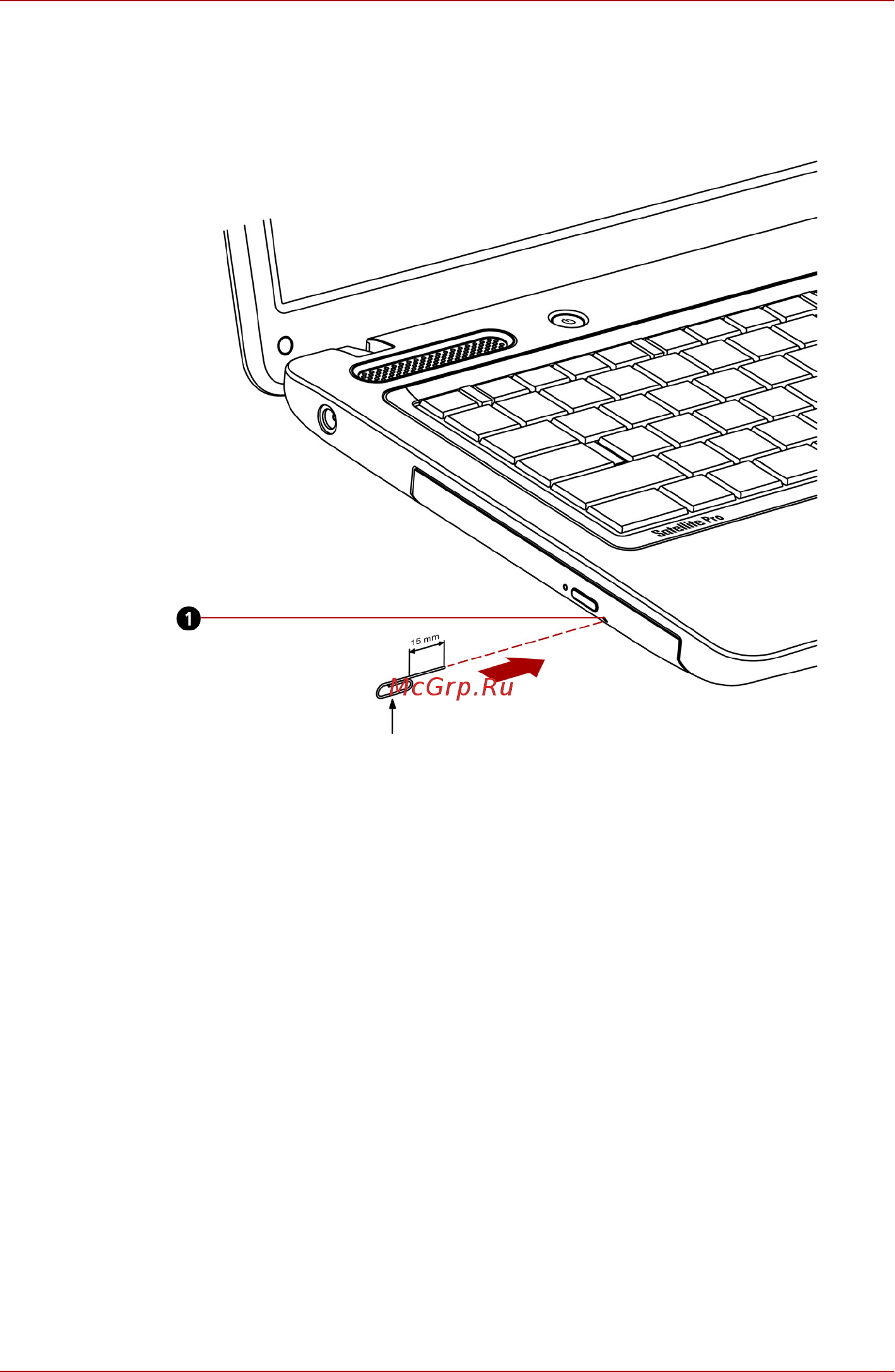 Toshiba Satellite C640D [90/201] Кнопка выгрузки диска не открывает лоток при отключенном питании дисковода если питание отключено лоток можно открыть вставив в отверстие справа от кнопки выгрузки диска тонкий предмет длиной около 15 мм например распрямленную скрепку