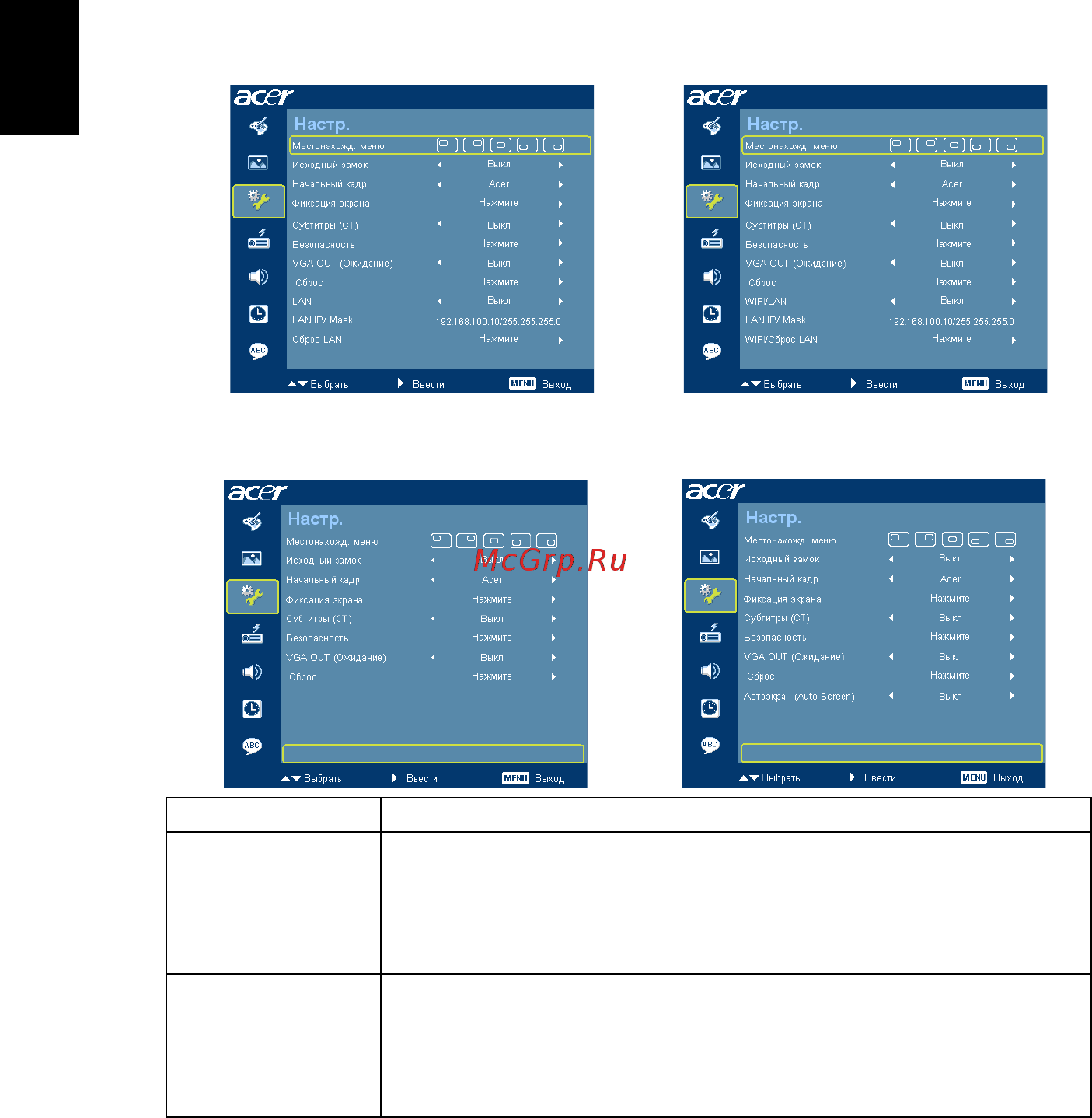 Acer P1100 [44/74] Настр