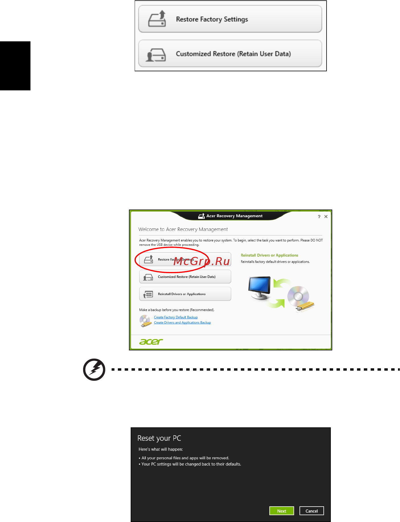 Acer ASPIRE V5-531G [630/2484] Gjenopprett fabrikkinnstillinger med acer recovery management