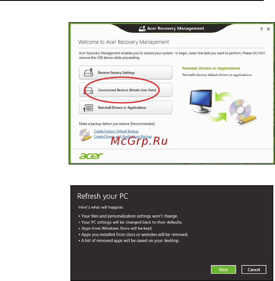 Acer ASPIRE V5-471PG [56/3492] The recovery process begins by restarting your computer then continues by copying files to your hard drive this process takes about 30 minutes