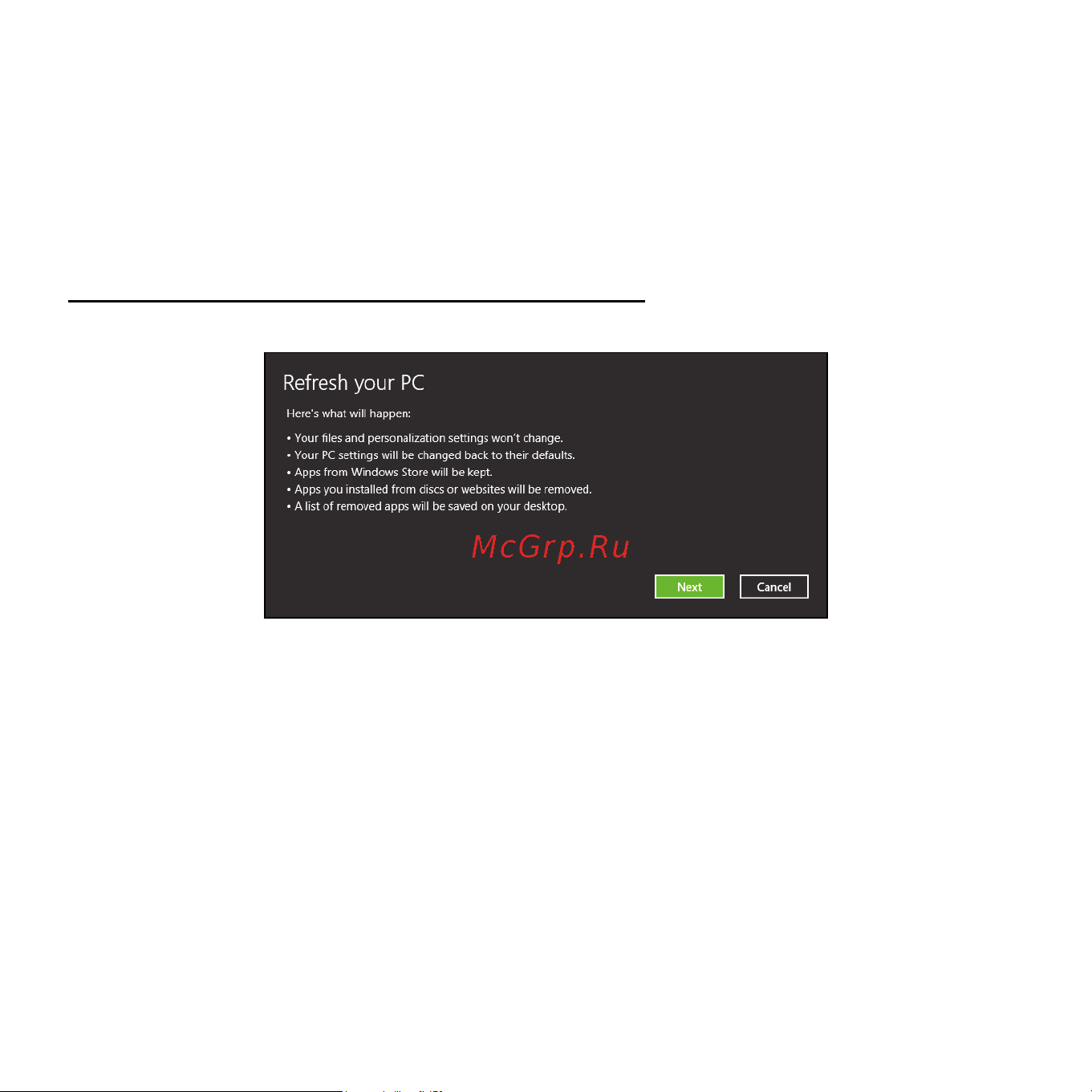 Acer ASPIRE V5-471G [60/3492] The recovery process begins by restarting your computer then continues by copying files to your hard drive this process takes about 30 minutes