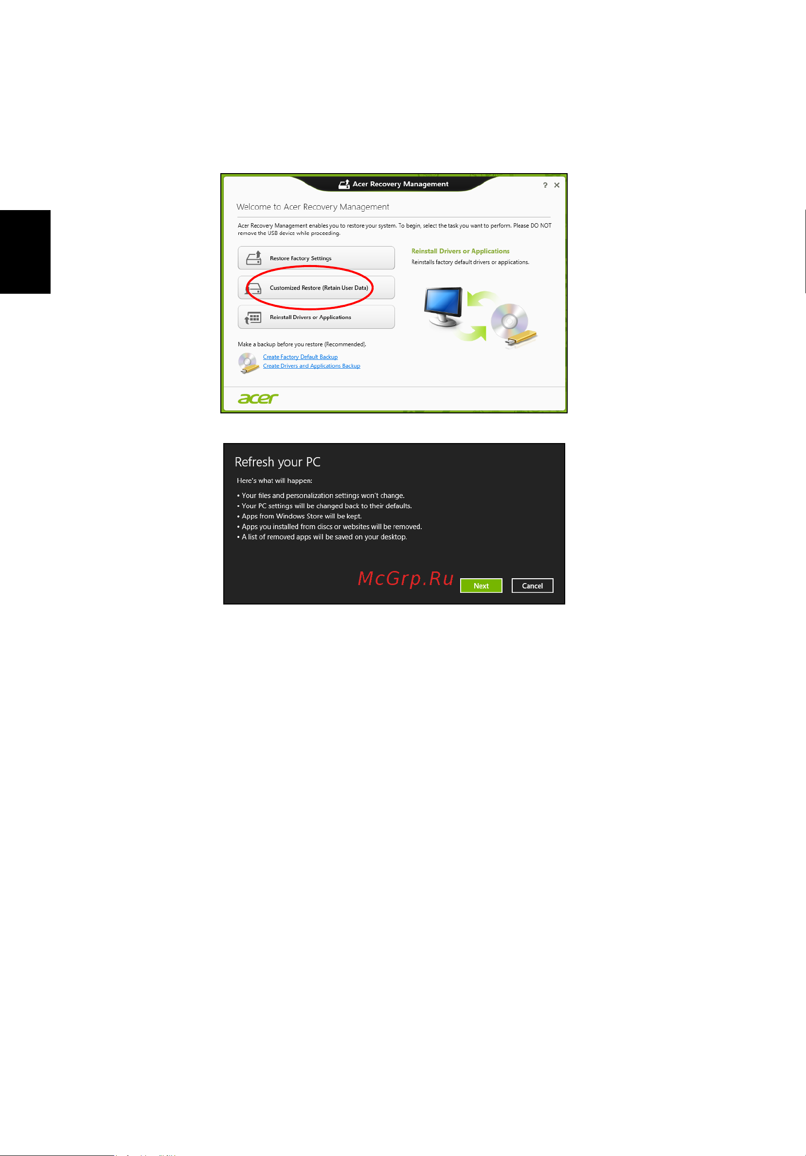 Acer ASPIRE V5-431PG [1046/2484] Przywracanie z kopii zapasowych przywracania