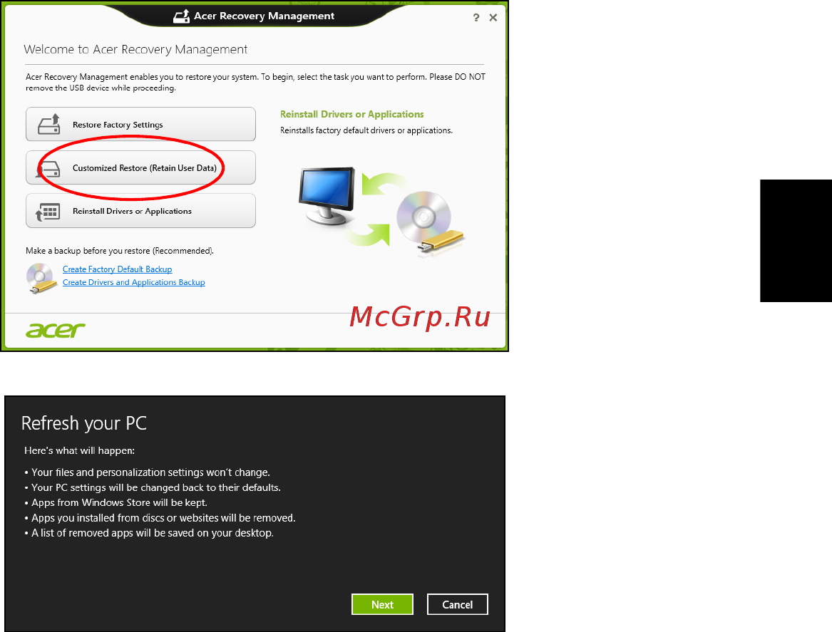 Acer ASPIRE V5-431G [1013/2228] Helyreállítás biztonsági másolatból