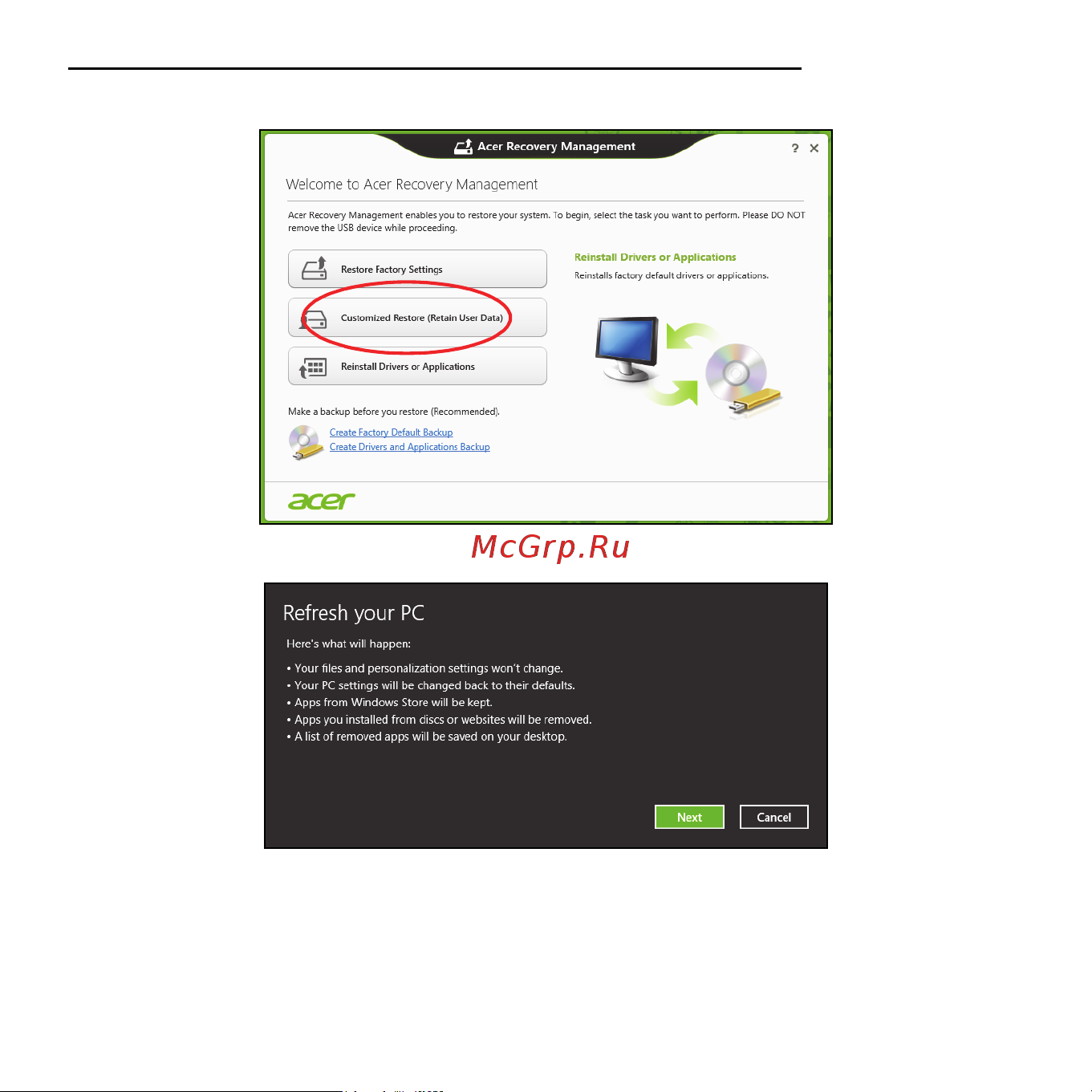Acer ICONIA W510P [80/2860] The recovery process begins by restarting your computer then continues by copying files to your hard drive this process takes about 30 minutes