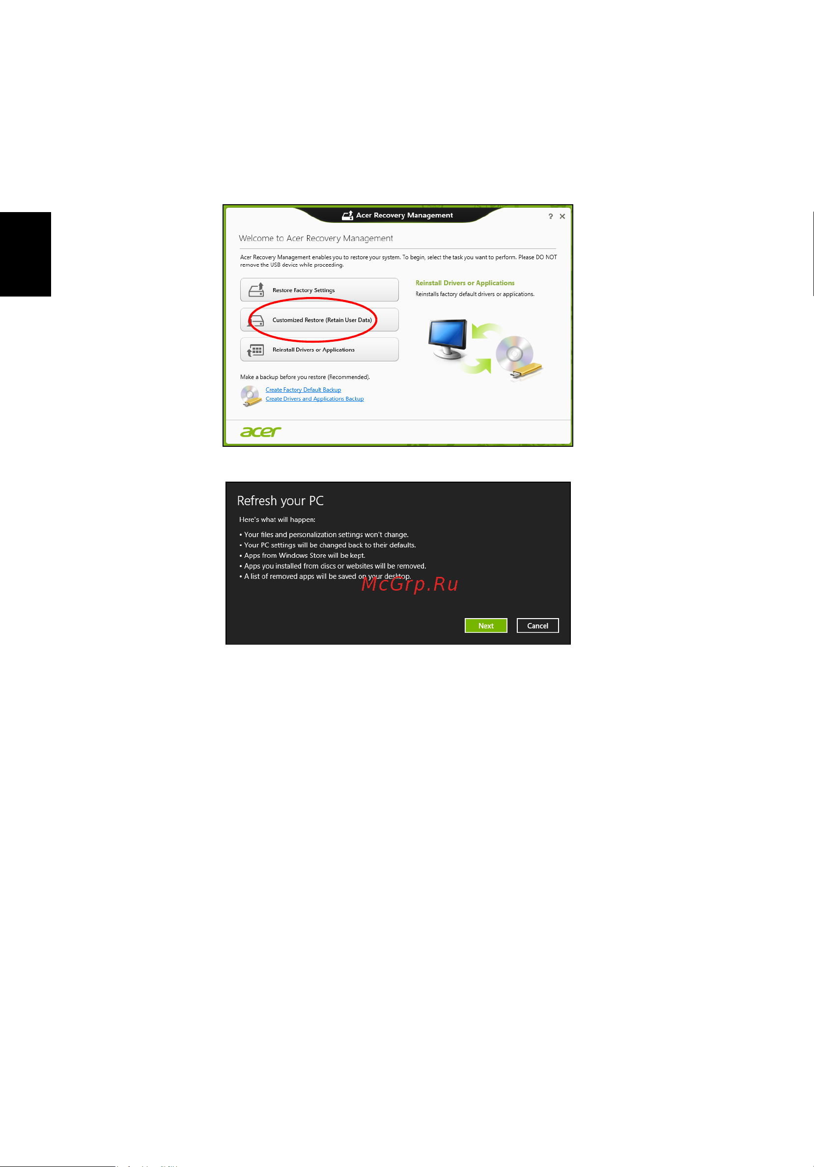Acer TRAVELMATE P653-MG [1160/2742] Przywracanie z kopii zapasowych przywracania