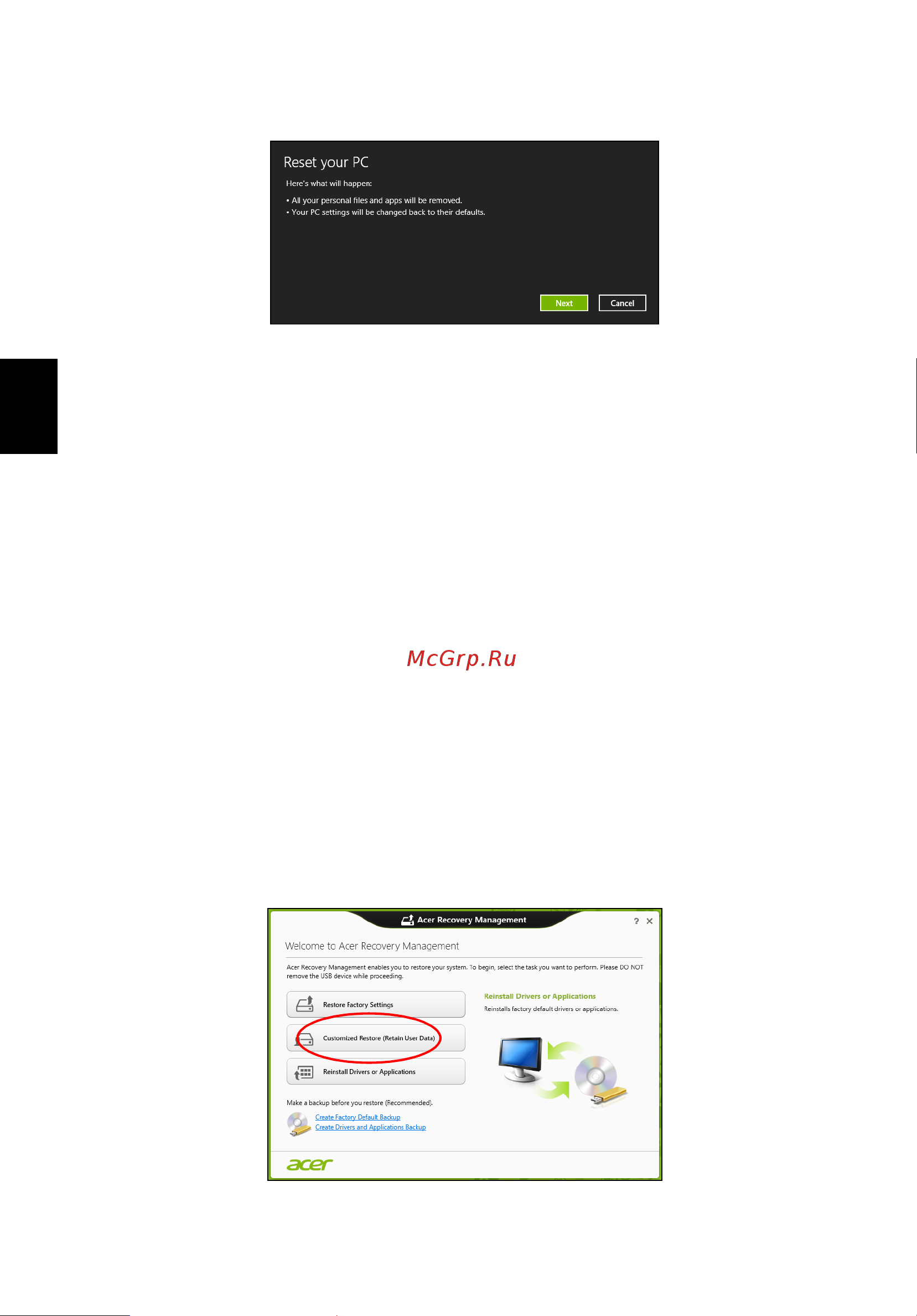 Acer TRAVELMATE P653-MG [1252/2742] Testreszabott helyreállítás a acer recovery management segítségével