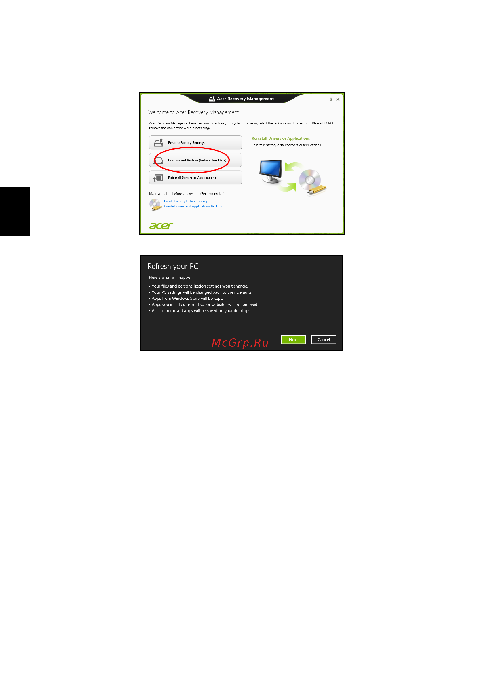 Acer TRAVELMATE P653-MG [2076/2742] Atkūrimas tinkintu būdu su acer recovery management