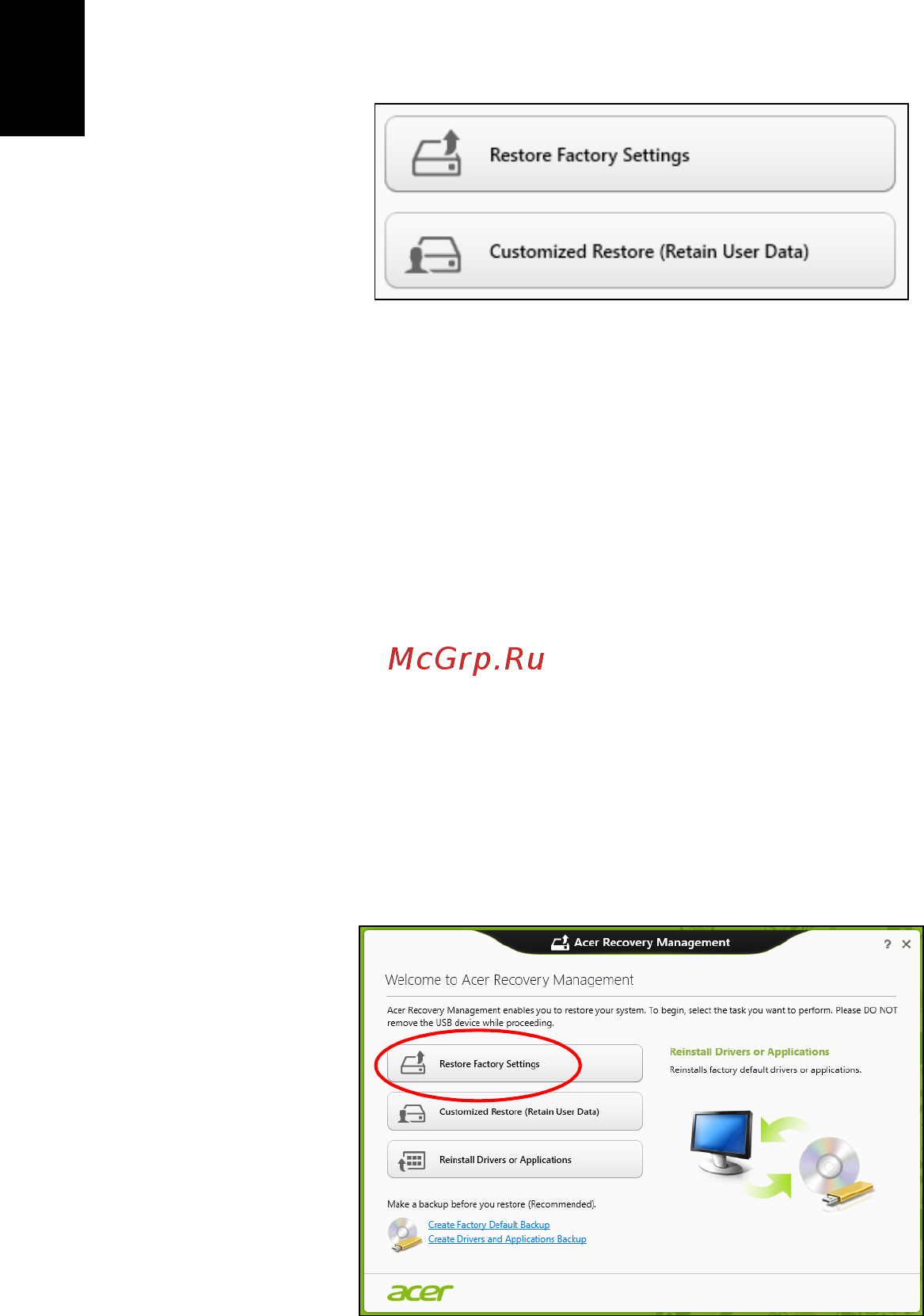 Acer TRAVELMATE P643-V [136/2742] Restaurer les paramètres d usine avec acer recovery management