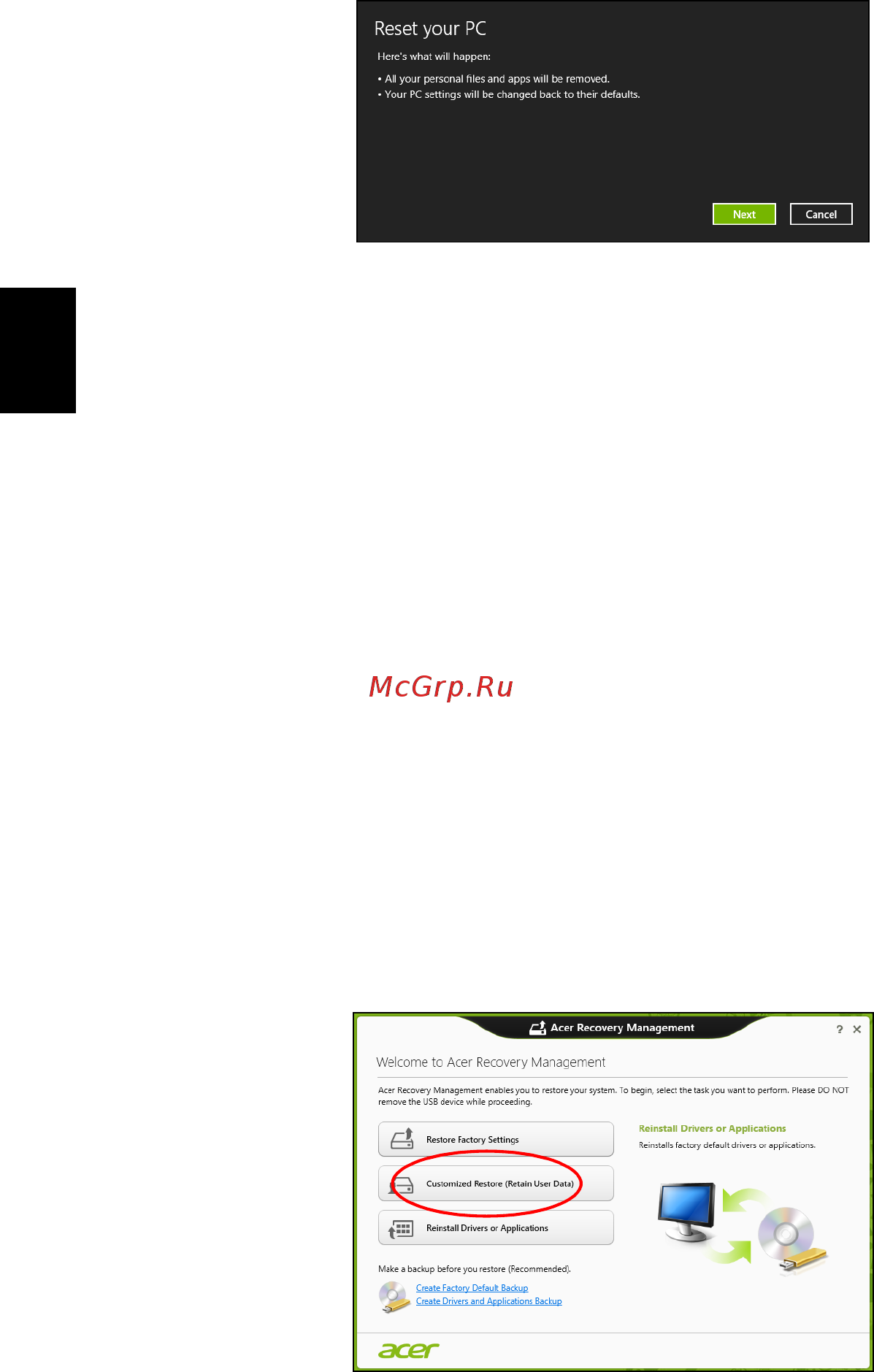 Acer TRAVELMATE P633-M [1252/2742] Testreszabott helyreállítás a acer recovery management segítségével