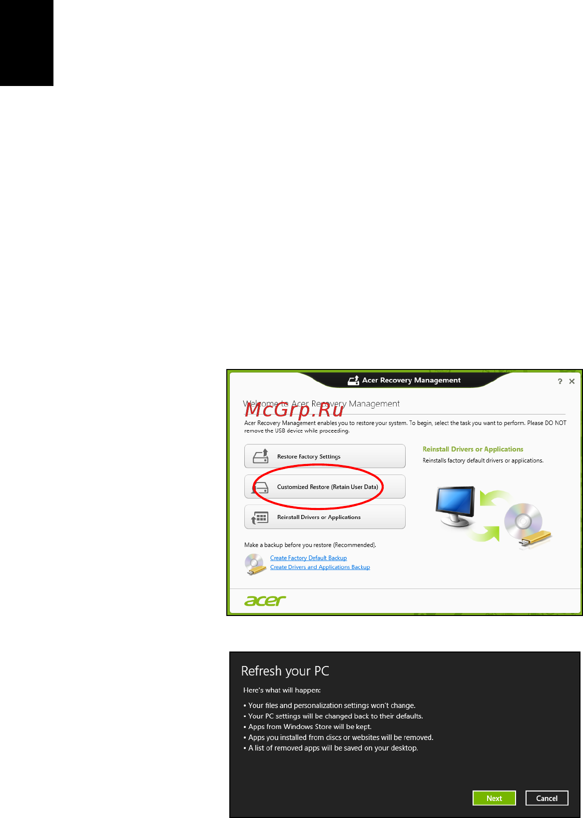 Acer TRAVELMATE P633-M [236/2742] Benutzerdefinierte wiederherstellung mit acer recovery management