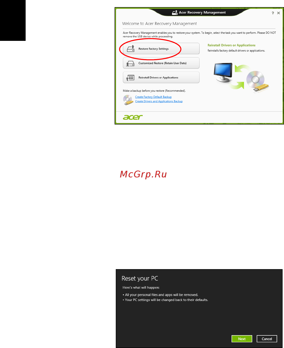Acer TRAVELMATE P633-M [878/2742] Återställa fabriksinställningarna med acer recovery management