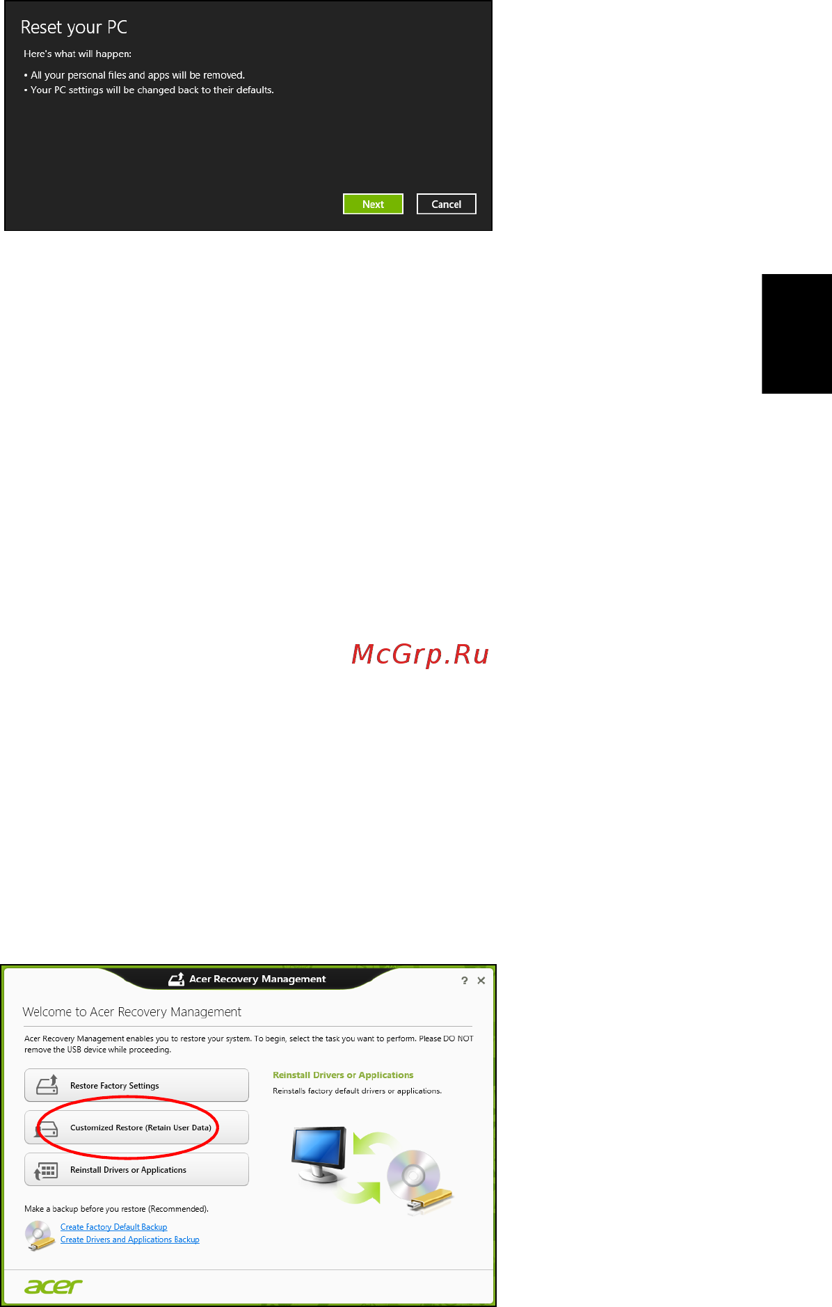 Acer TRAVELMATE P253-MG [1249/2736] Testreszabott helyreállítás a acer recovery management segítségével