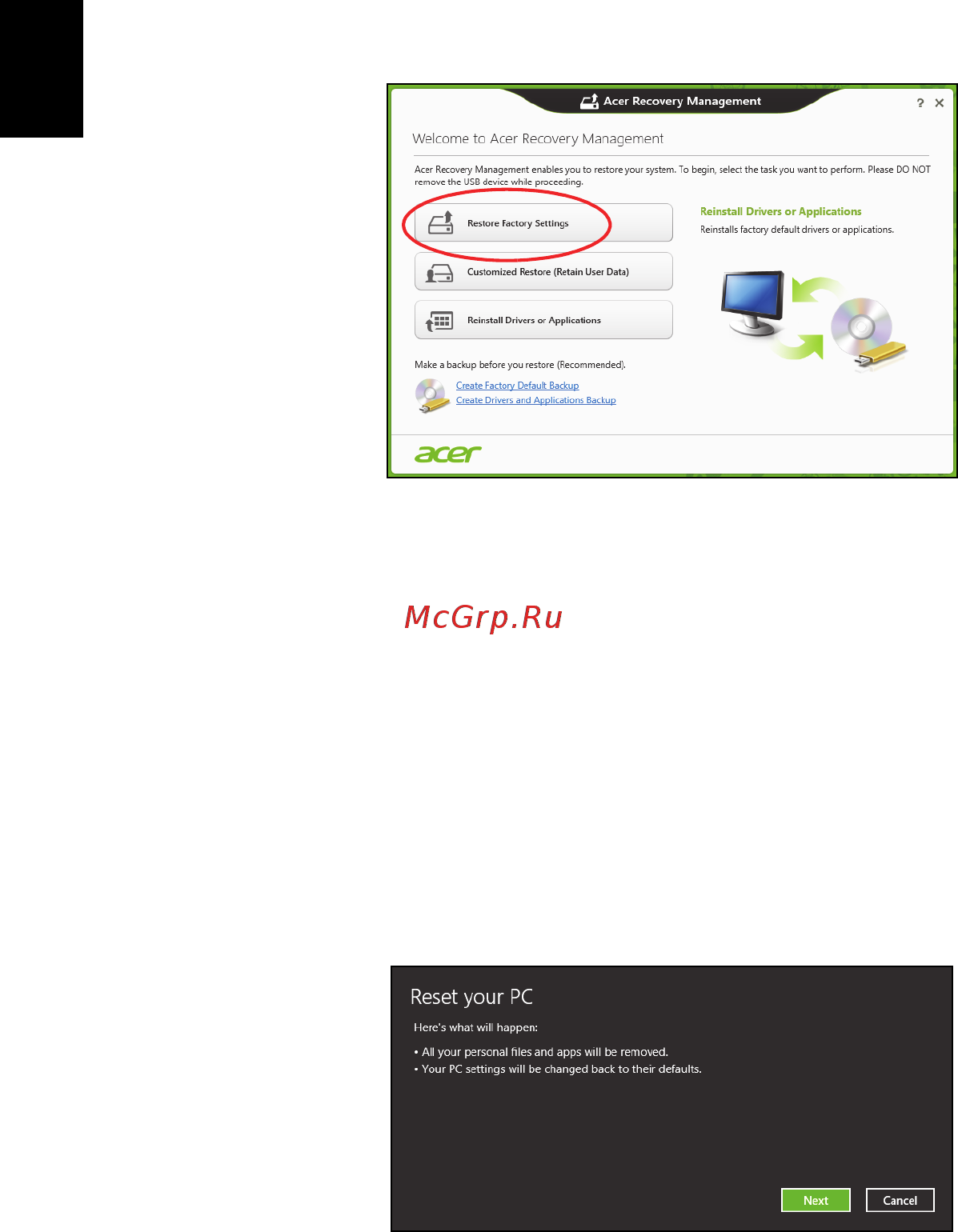 Acer TRAVELMATE P253-MG [44/2736] Restore factory settings with acer recovery management