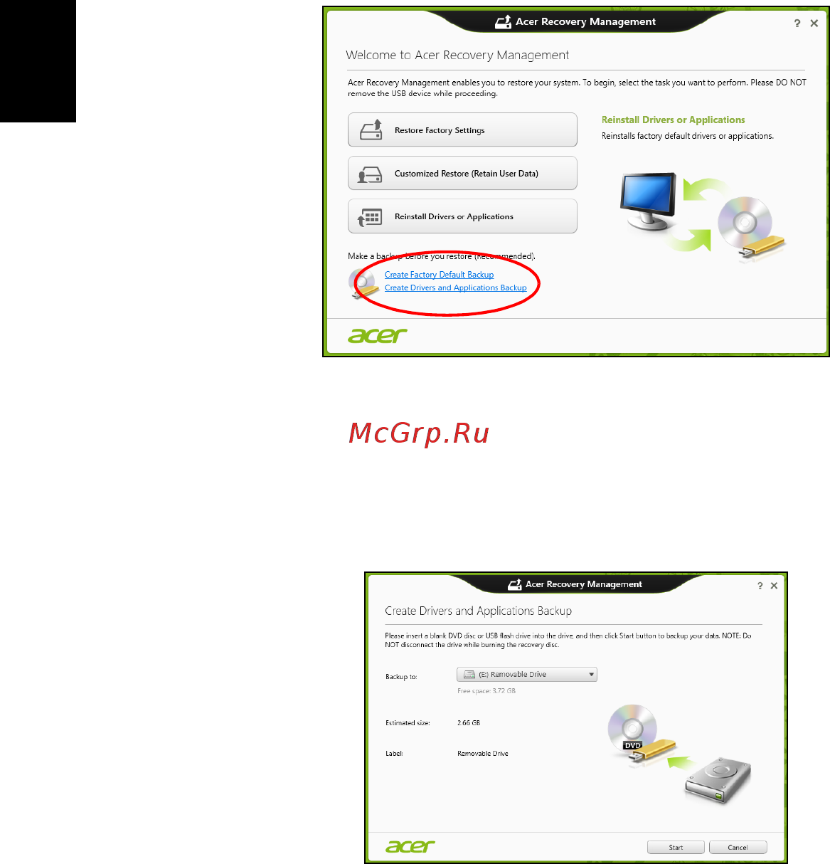 Acer TRAVELMATE P253-MG [782/2736] Oprettelse af en sikkerhedskopi til drivere og programmer