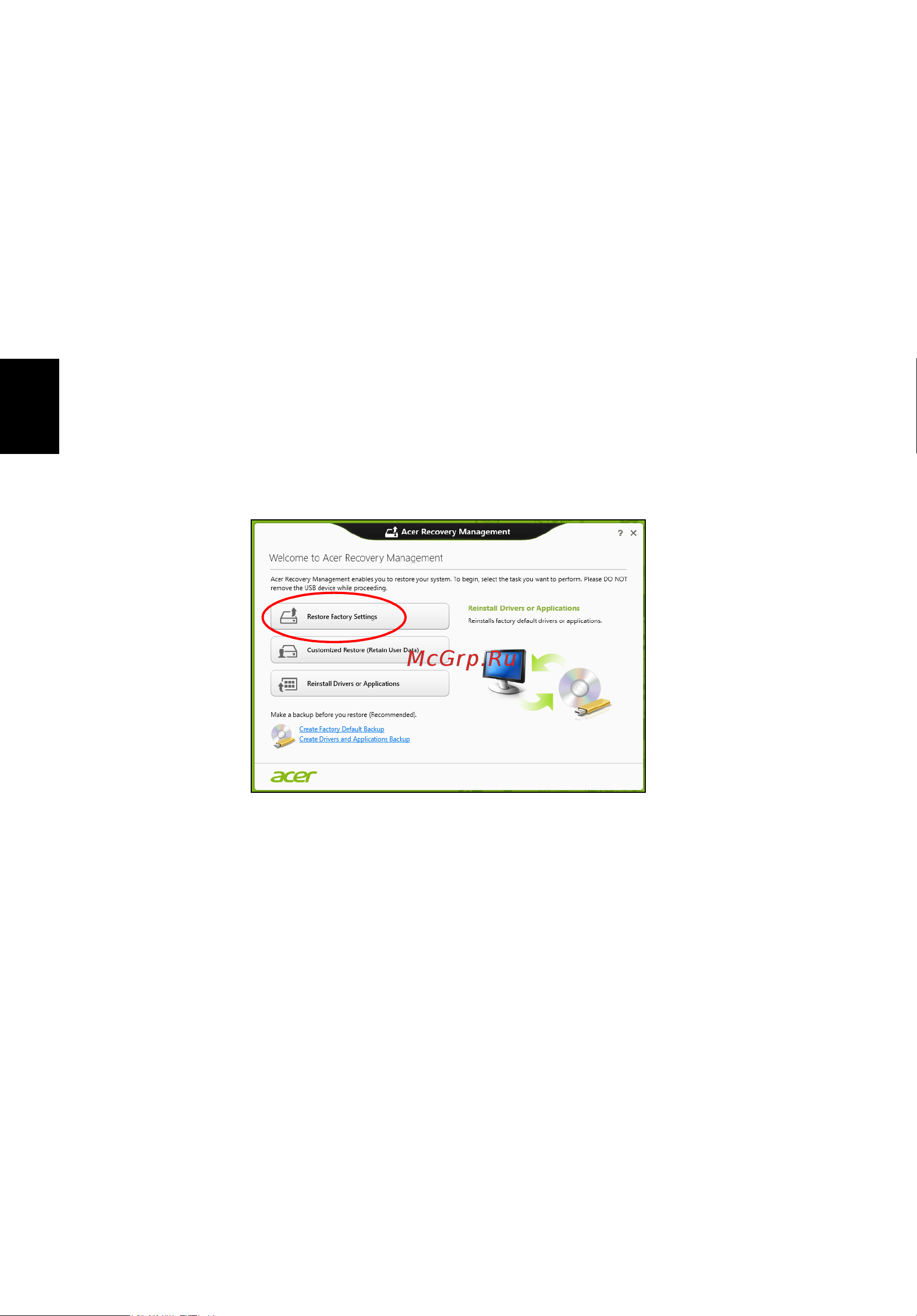 Acer TRAVELMATE P253-E [332/2736] Ripristina impostazioni di fabbrica con acer recovery management