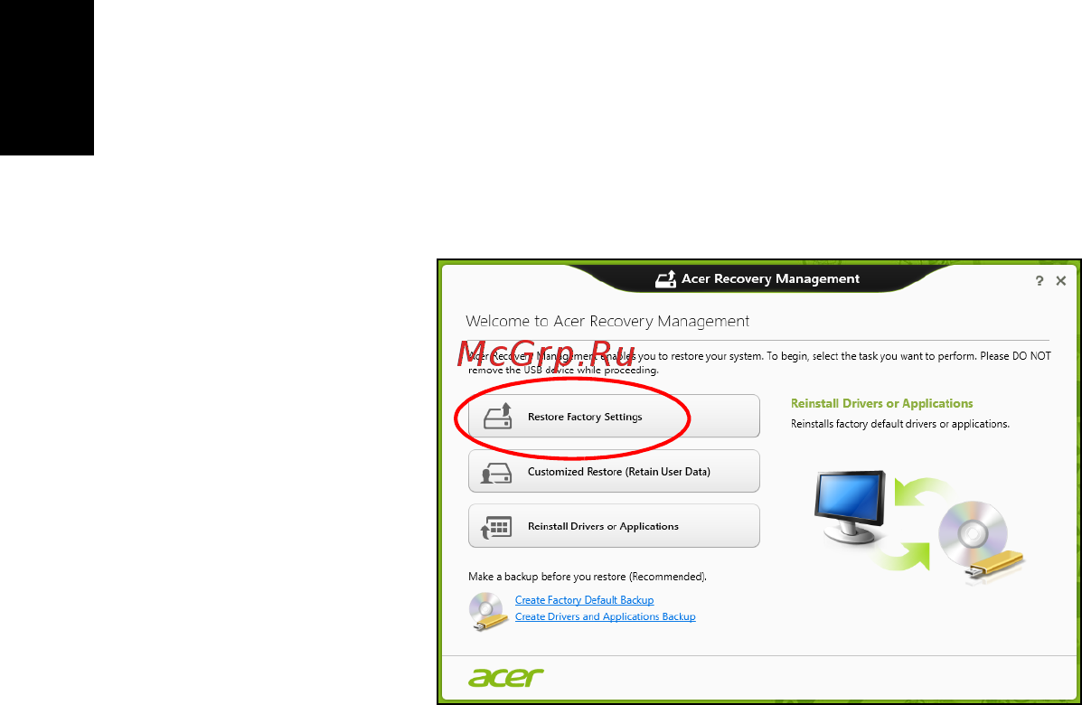 Acer TRAVELMATE B113-M [2066/2734] Kaip atkurti gamyklines nuostatas su acer recovery management