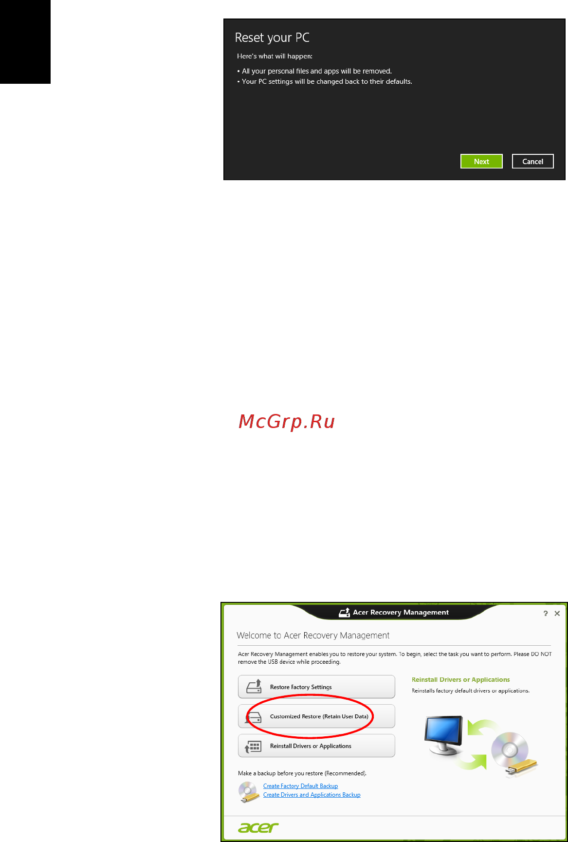 Acer TRAVELMATE B113-M [2262/2734] Acer recovery management ile özel geri yükleme