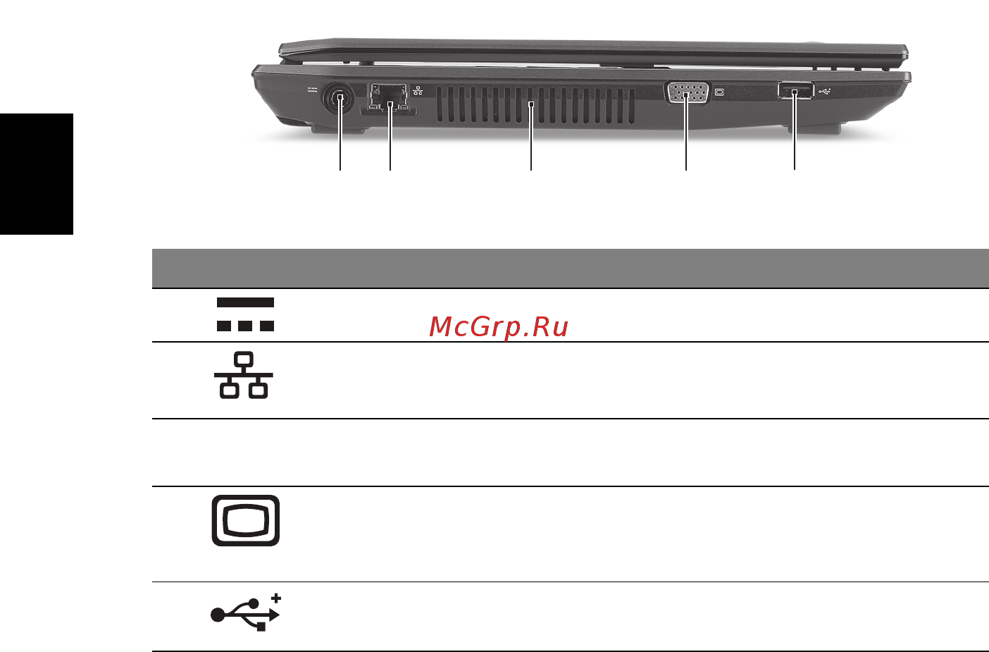 Acer TRAVELMATE 4740G [134/316] Widok z lewej strony