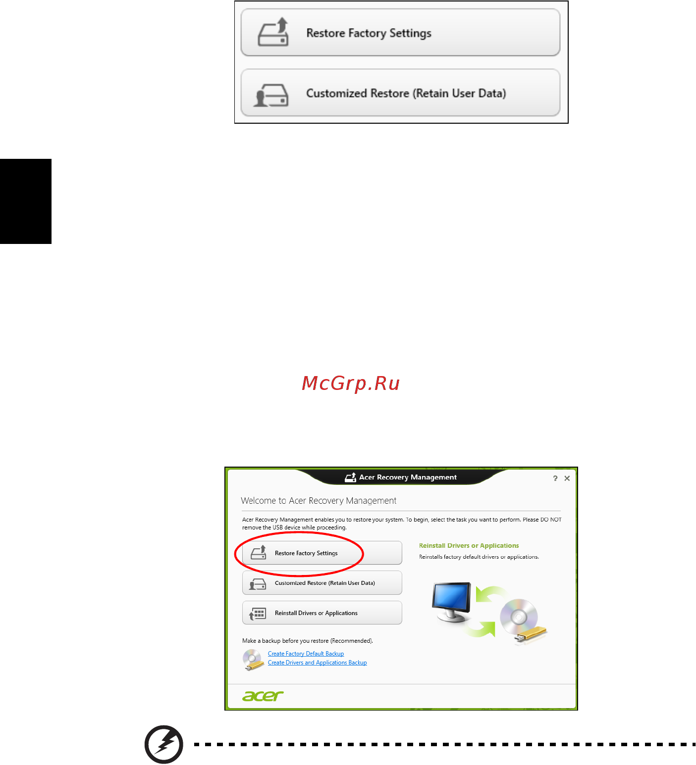 Acer ASPIRE EC-471G [1128/2484] A gyári beállítások visszaállítása a acer recovery management segítségével