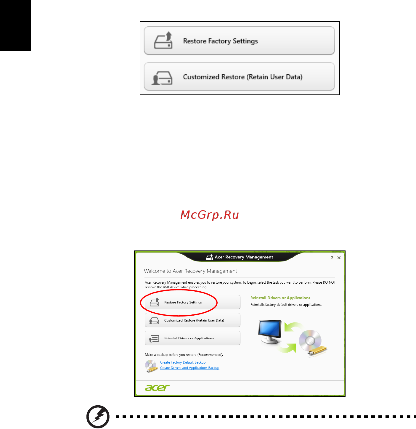 Acer ASPIRE EC-471G [2048/2484] Acer recovery management ile fabrika ayarlarını geri yükleme
