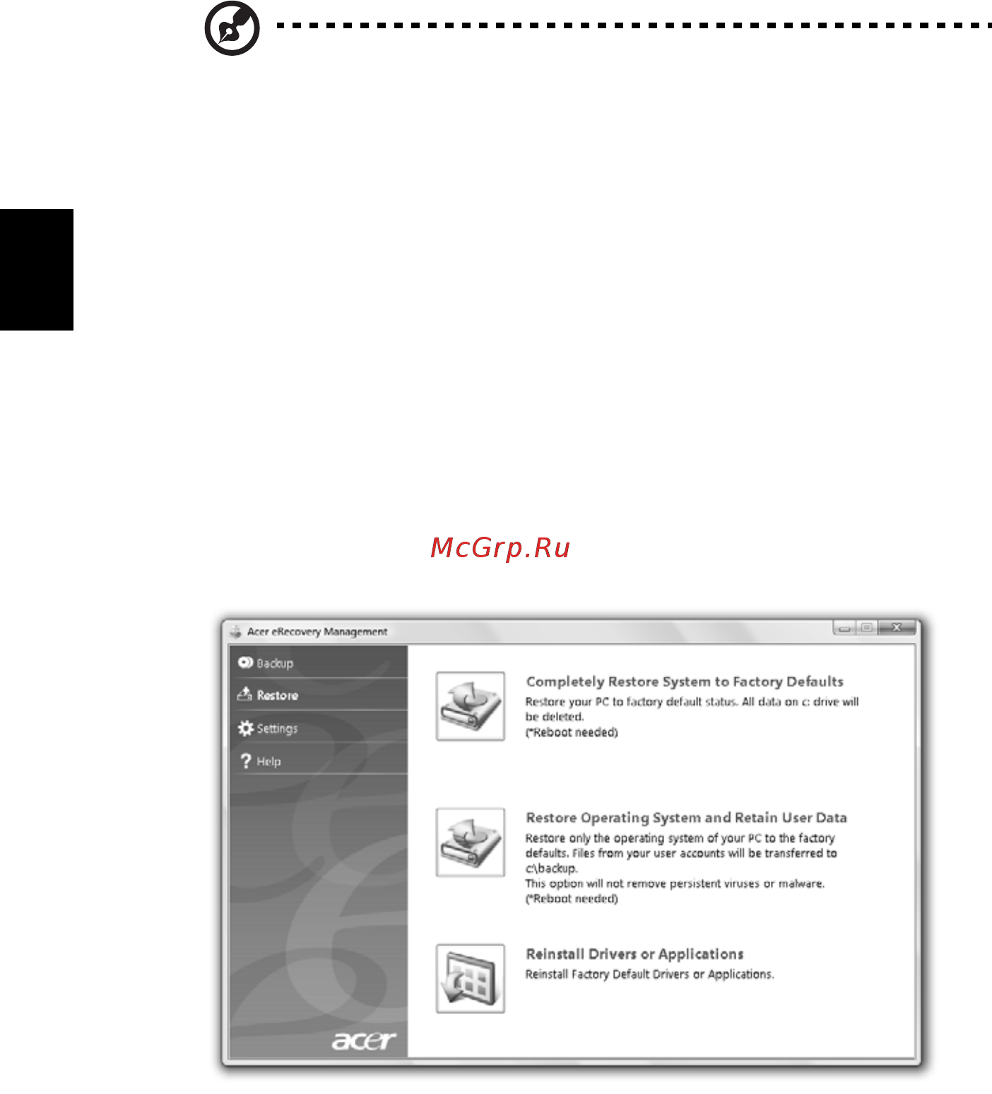 Acer ASPIRE 5745Z [1618/2217] Restore atstatymas