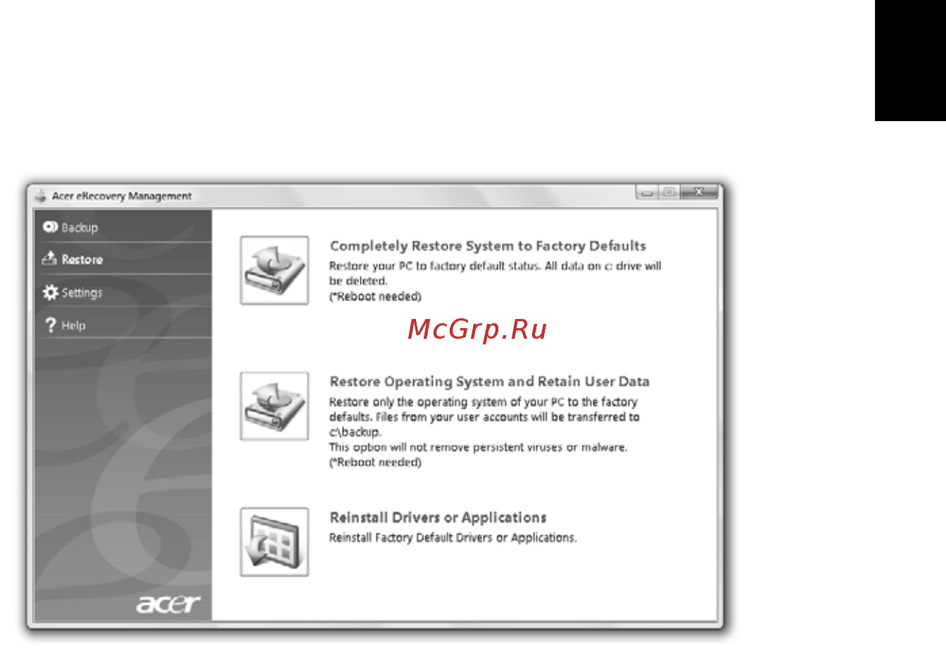 Acer ASPIRE 5745Z [405/2217] Restaurar