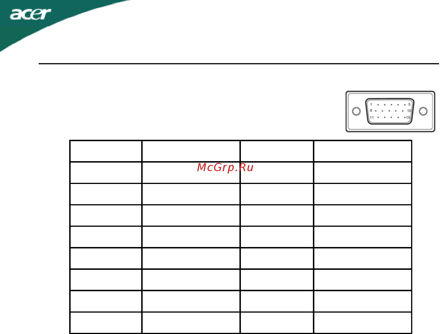 Acer G215HL [10/23] Назначение контактов коннектора