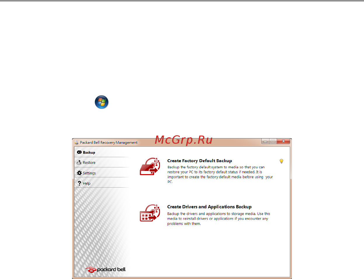 Packard Bell DOT SC [1784/2279] Vytvorenie diskov opravy