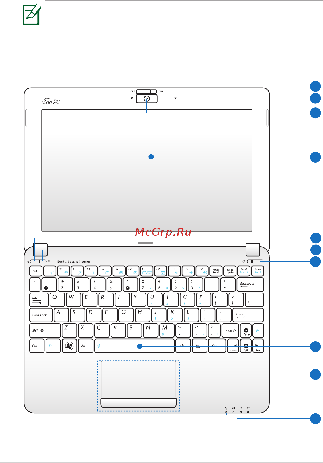 Asus EEE PC 1015PEM [10/66] Верхняя сторона