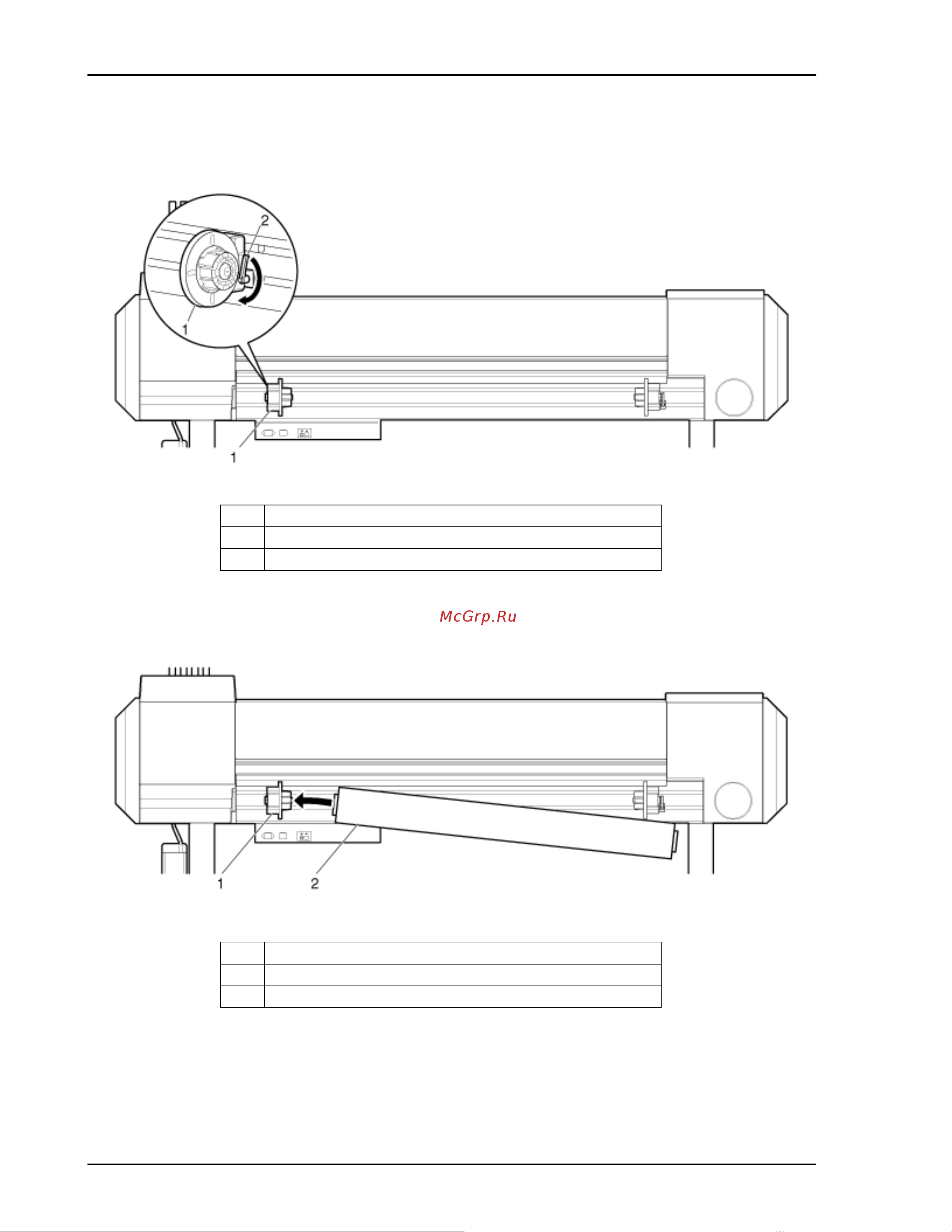 Xerox 8254E [48/240] Затяните стопорный рычаг на держателе рулона носителя левом поворачивая его при помощи храпового механизма по часовой стрелке пока держатель невозможно будет сдвинуть