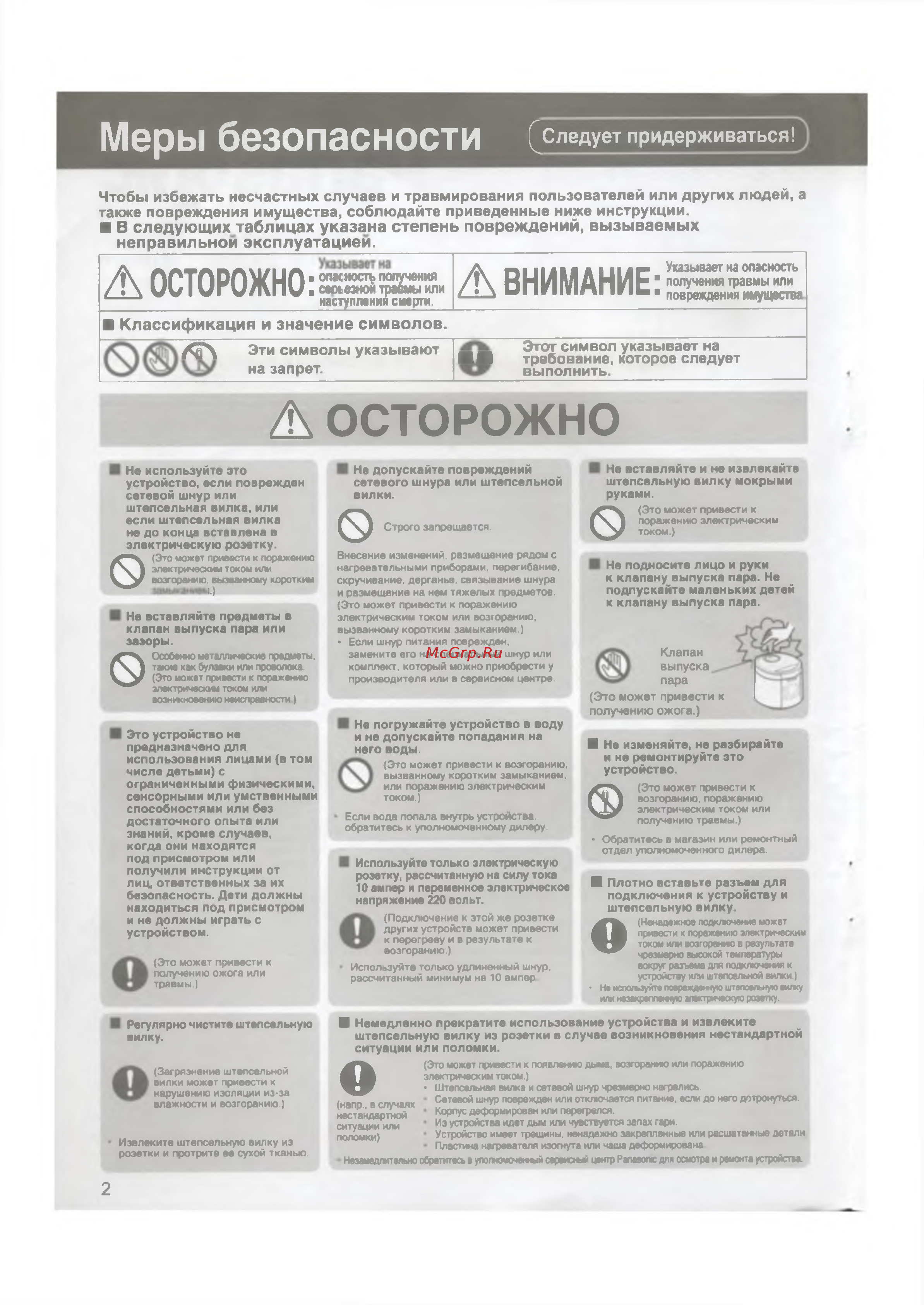 Panasonic SR-TMX530 [2/55] В следующих таблицах указана степень повреждений вызываемых неправильной эксплуатацией