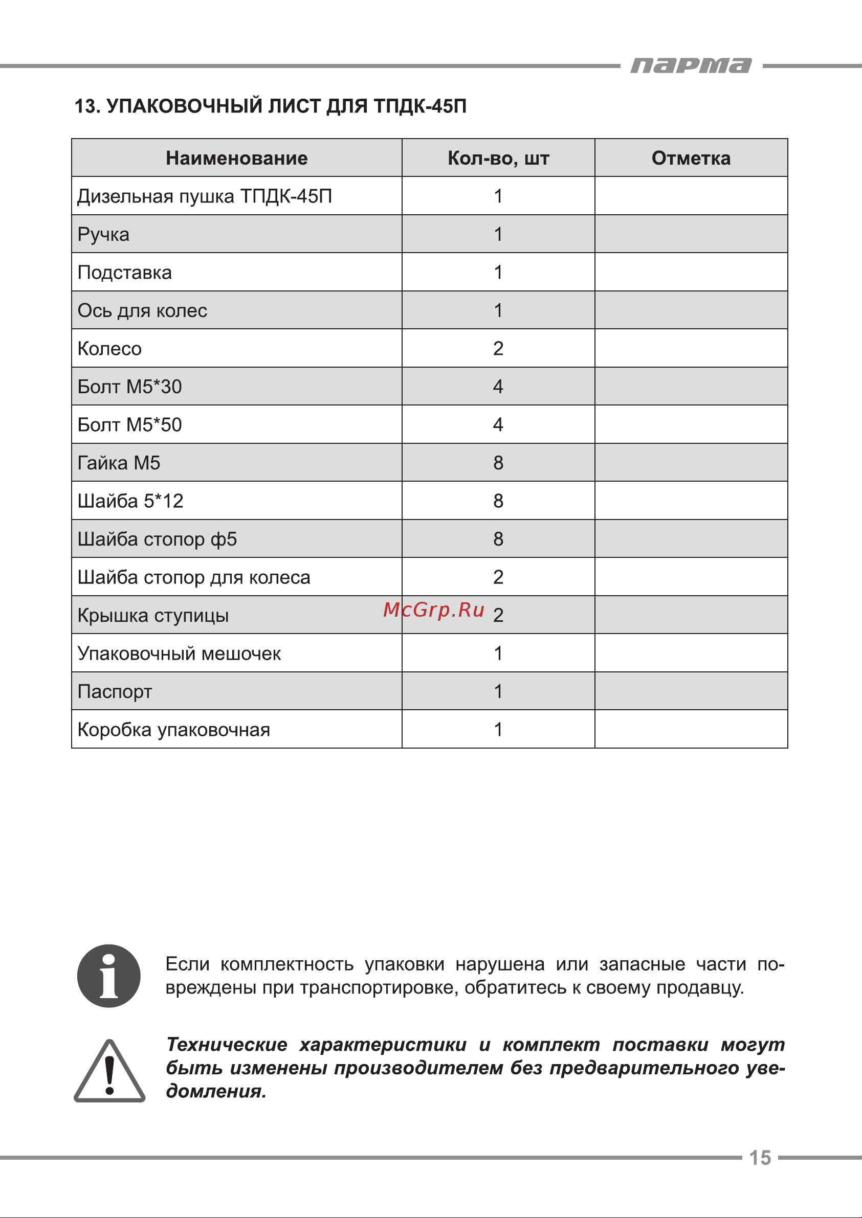 Парма ТПДК-45П [15/20] Парта