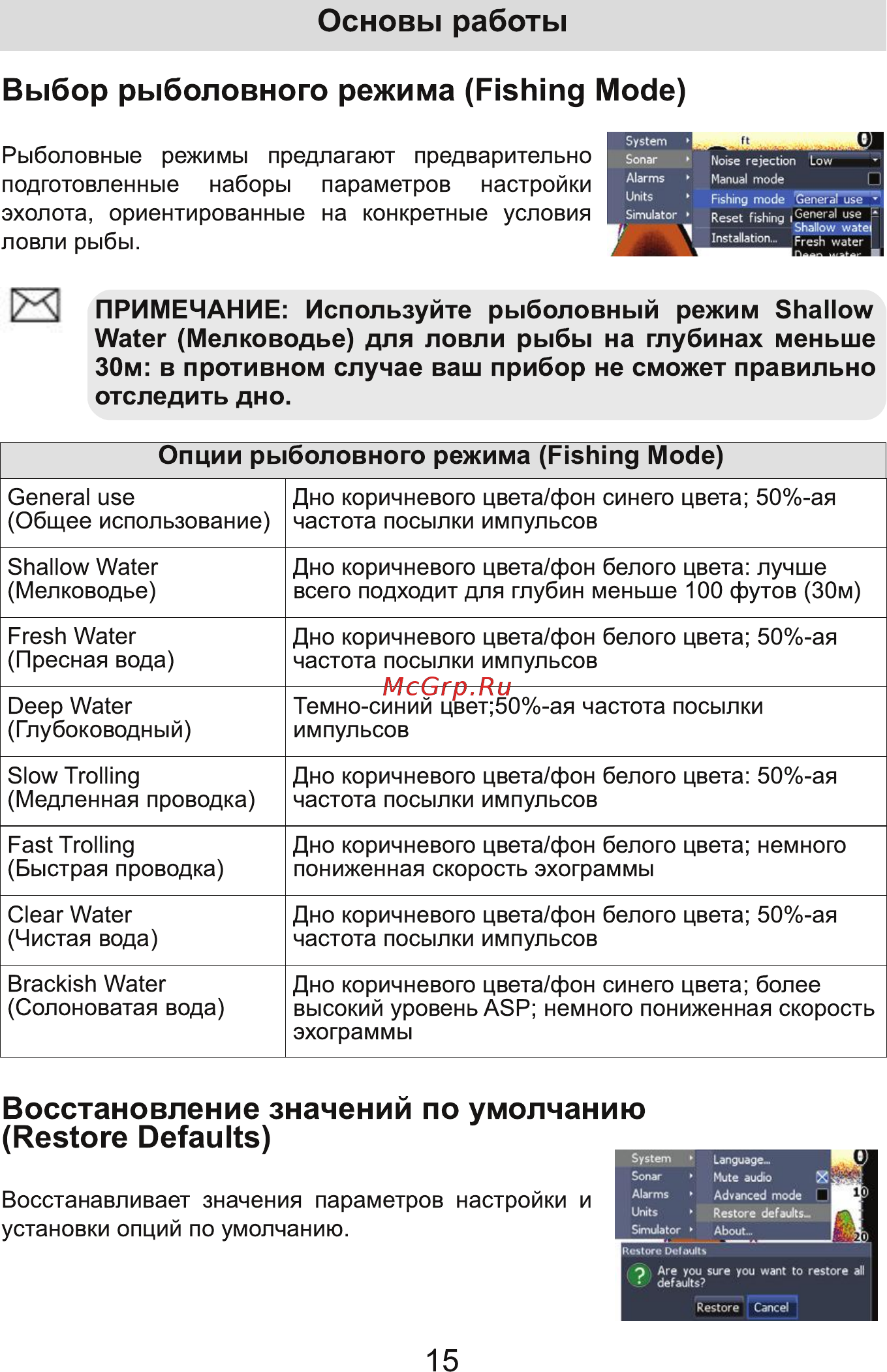 Lowrance Mark-5x [17/30] Выбор рыболовного режима fishing mode