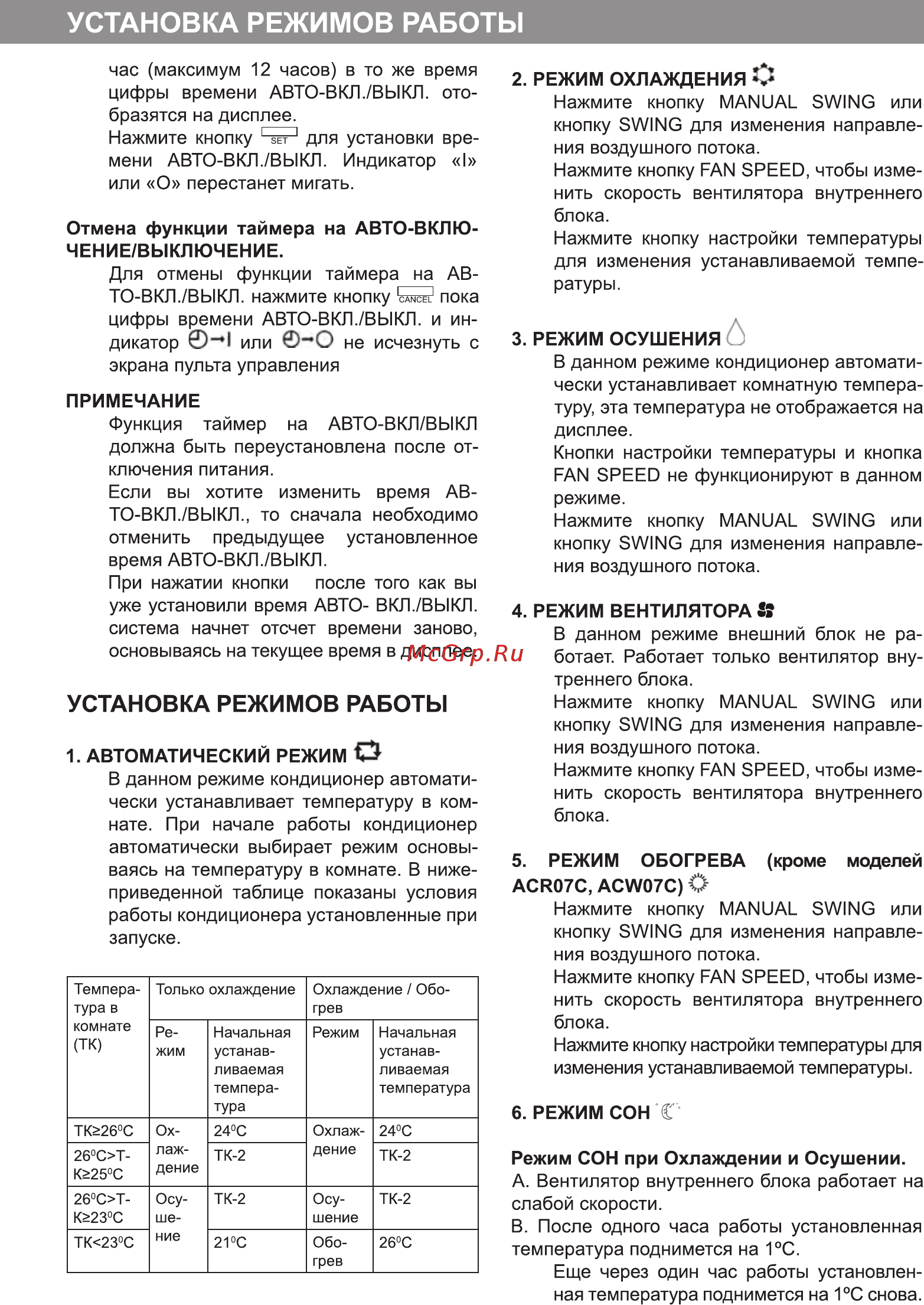 Delfa ACW 09 [6/7] Установка режимов работы