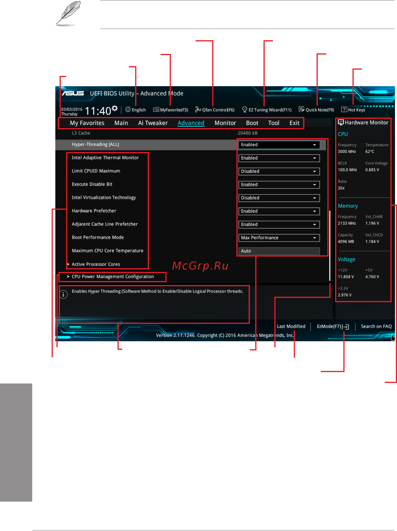 Asus x99-a ii [72/124] The advanced mode provides advanced options for experienced end users to configure the bios settings the figure below shows an example of the advanced mode refer to the following sections for the detailed configurations