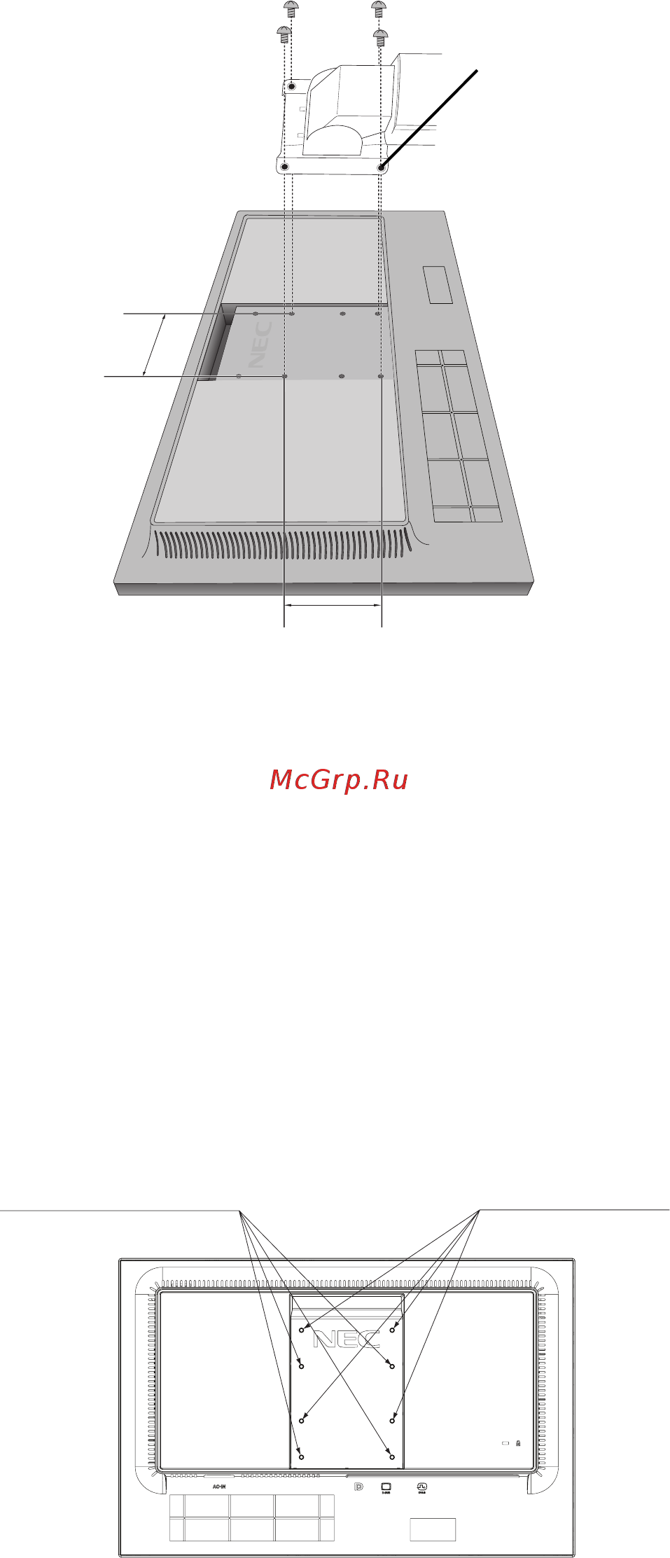 Nec MultiSync E223W [12/21] Дополнительные отверстия vesa для более низкого положения монитора