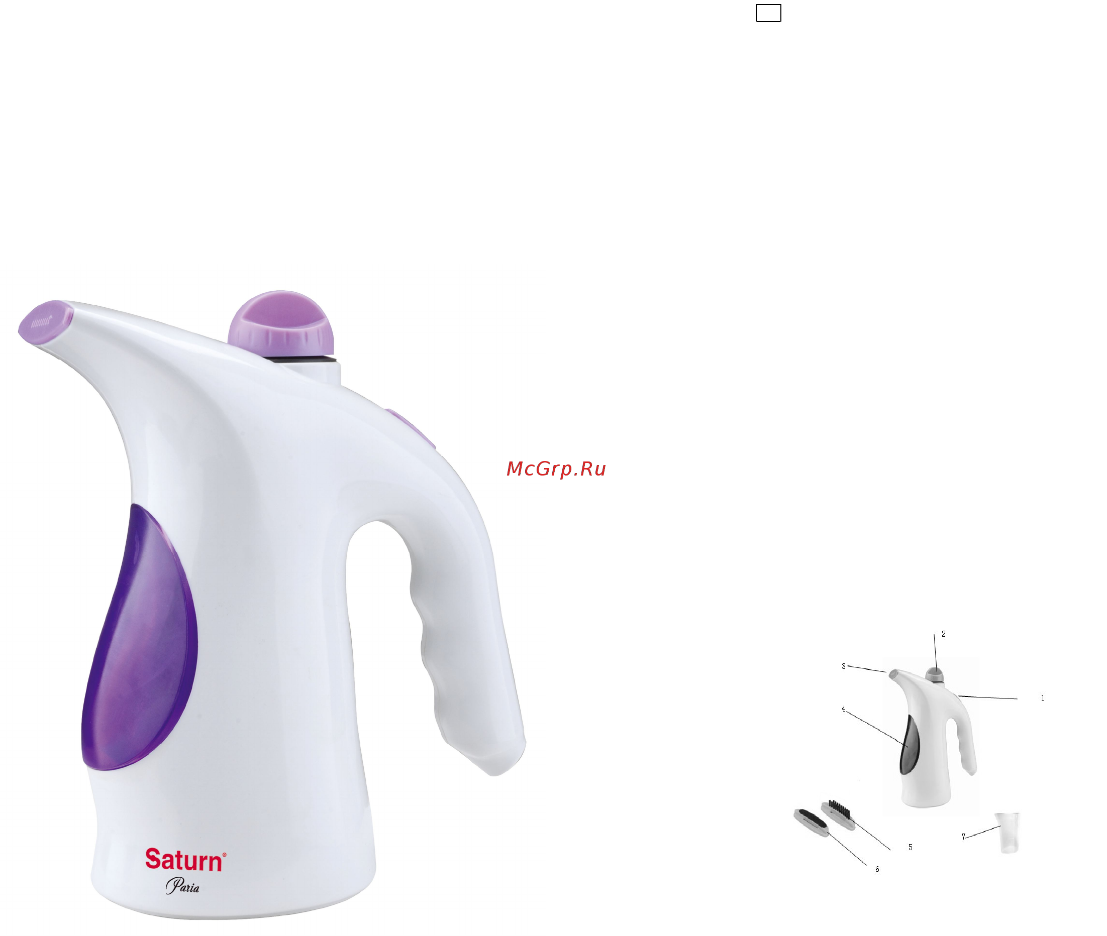 Saturn ST-CC7145 [2/16] Power switch 2 water inlet cover 3 steam nozzle 4 water window 5 brush 6 lint remover 7 water cup