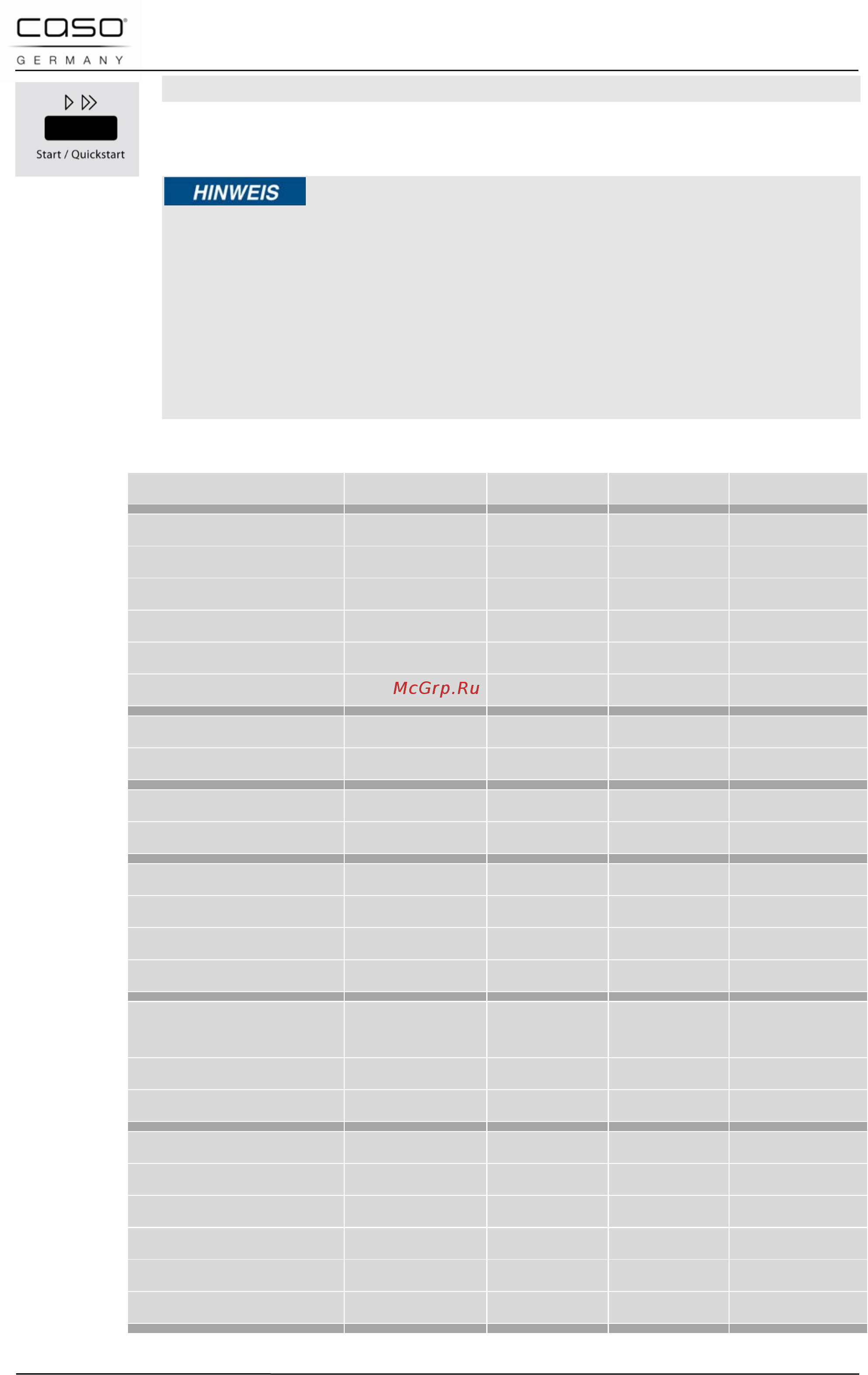 Caso mcg 25 chef [207/211] Tabel met ontdooitijden