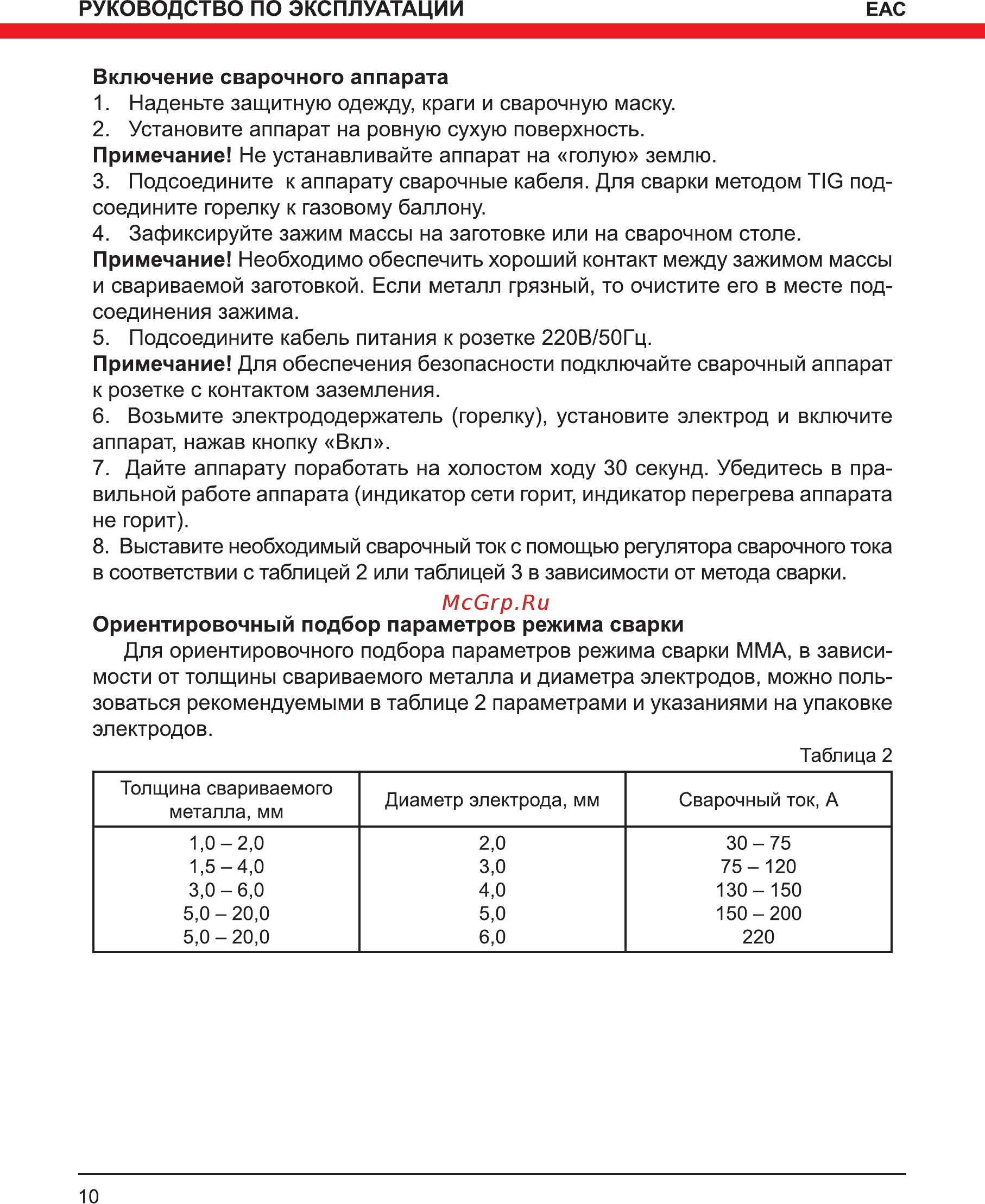 Elitech аис 220н Инструкция по эксплуатации онлайн [10/16] 181553