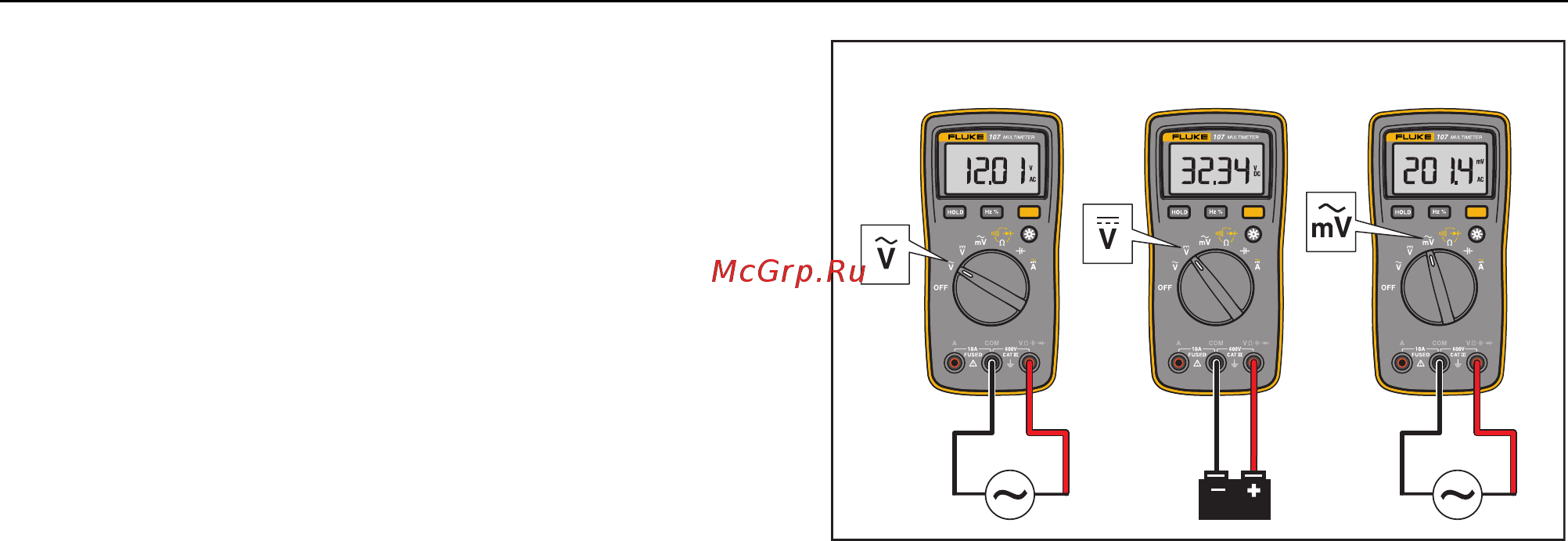 Fluke 107 [11/22] Измерение переменного ac и постоянного dc напряжения