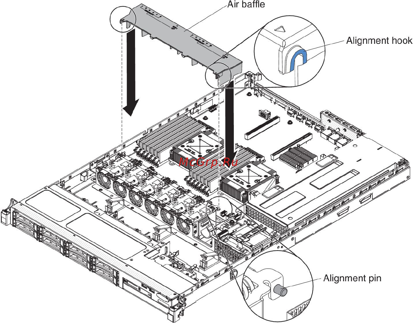 IBM system x3530 m4 (7160k2g, 90y8826 х4, 49y3760, 00d4413) [382/402] Replacing the air baffle