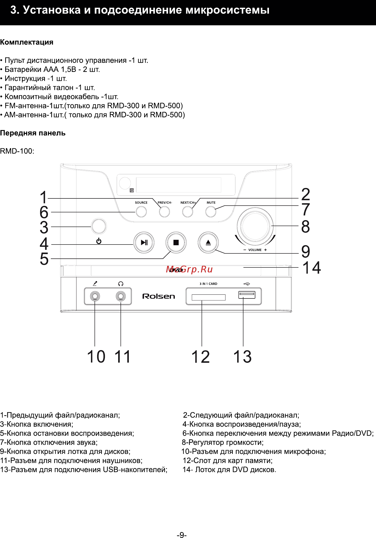 Rolsen rmd-500, черный [9/31] Установка и подсоединение микросистемы