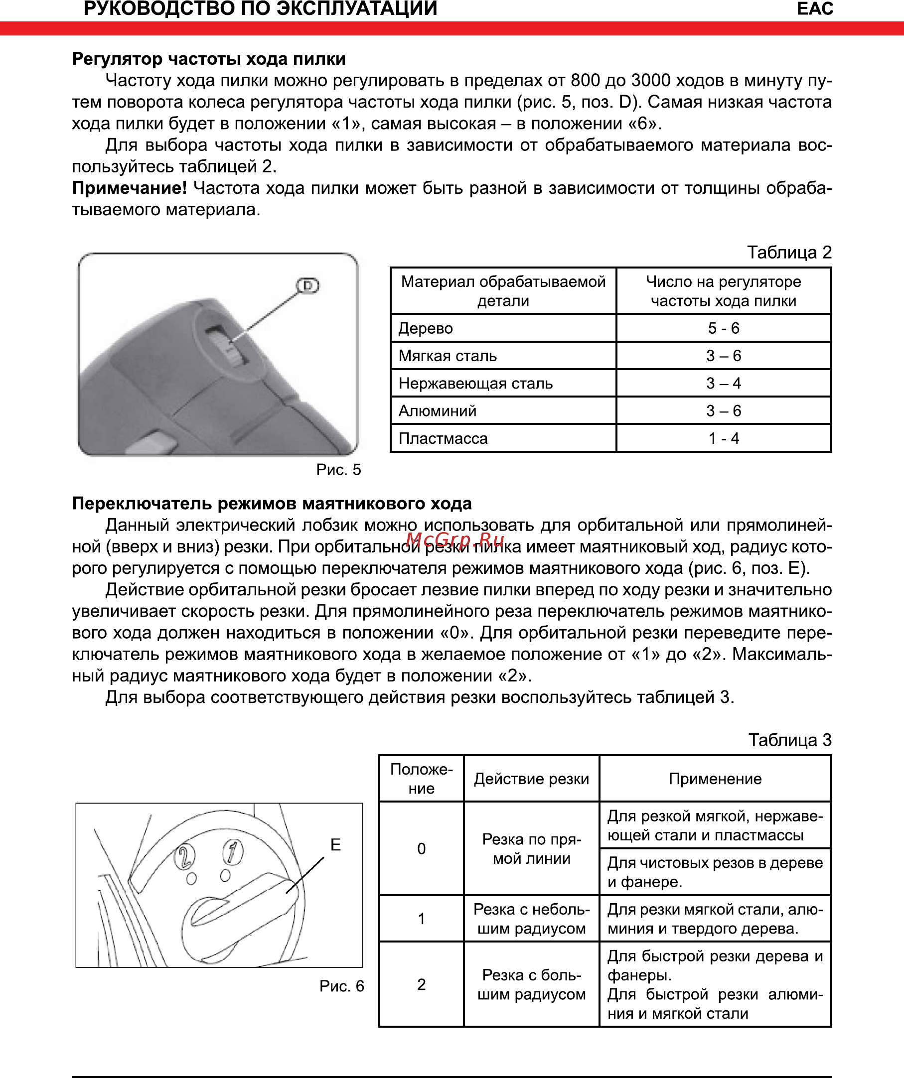 Elitech ПЛ 0560МЭ [8/16] Переключатель режимов маятникового хода данный электрический лобзик можно использовать для орбитальной или прямолиней ной вверх и вниз резки при орбитальной резки пилка имеет маятниковый ход радиус кото рого регулируется с помощью переключателя режимов маятникового хода рис 6 поз е действие орбитальной резки бросает лезвие пилки вперед по ходу резки и значительно увеличивает скорость резки для прямолинейного реза переключатель режимов маятнико вого хода должен находиться в положении 0 для орбитальной резки переведите пере ключатель режимов маятникового хода в желаемое положение от 1 до 2 максималь ный радиус маятникового хода будет в положении 2 для выбора соответствующего действия резки воспользуйтесь таблицей 3
