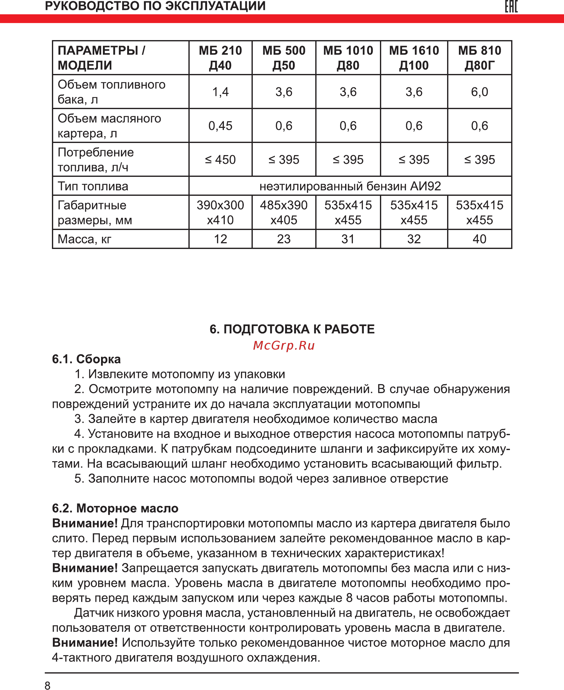 Elitech МБ 500 Д 50 Руководство по эксплуатации онлайн [8/24] 188220