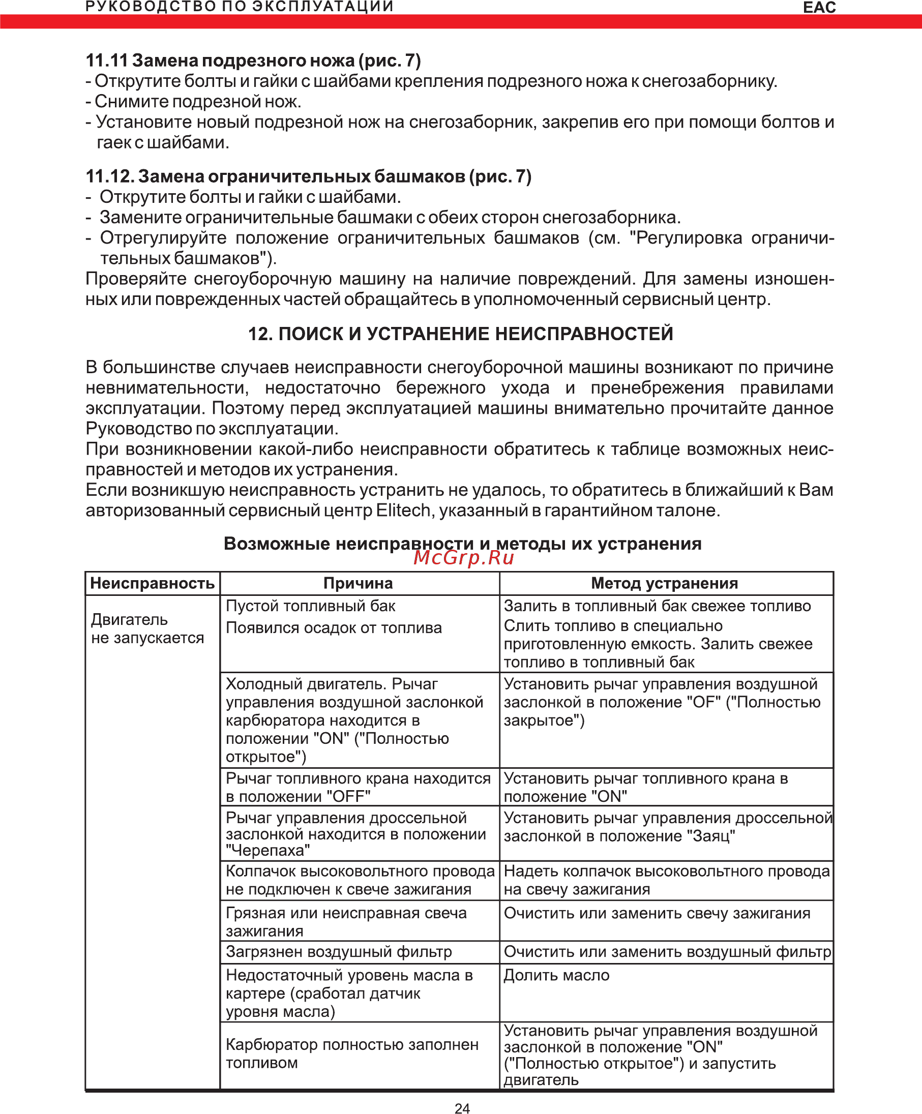 Elitech СМ 6 [24/28] Замена подрезного ножа рис 7 открутите болты и гайки с шайбами крепления подрезного ножа к снегозаборнику снимите подрезной нож установите новый подрезной нож на снегозаборник закрепив его при помощи болтов и