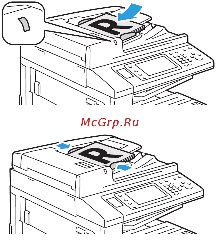 Xerox workcentre 5325cps t [103/248] На сенсорном экране панели управления принтера нажмите кнопку копирование 4 с помощью буквенно цифровой клавиатуры на панели управления введите количество копий количество копий отобразится в верхнем правом углу сенсорного экрана для изменения количества копий введенного с буквенно цифровой клавиатуры нажмите кнопку c и введите количество повторно для остановки копирования нажмите красную кнопку стоп для продолжения работы нажмите кнопку возобновить на сенсорном экране или нажмите отмена для отмены работы 5 при необходимости измените настройки копирования подробности см в разделе настройка параметров копирования на стр 104 6 нажмите зеленую кнопку старт на панели управления