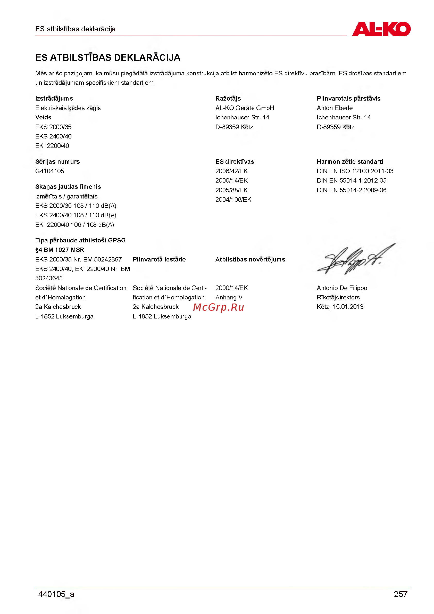 Al-Ko eks 2400/40 113123 Инструкция по эксплуатации онлайн [257/312] 189336