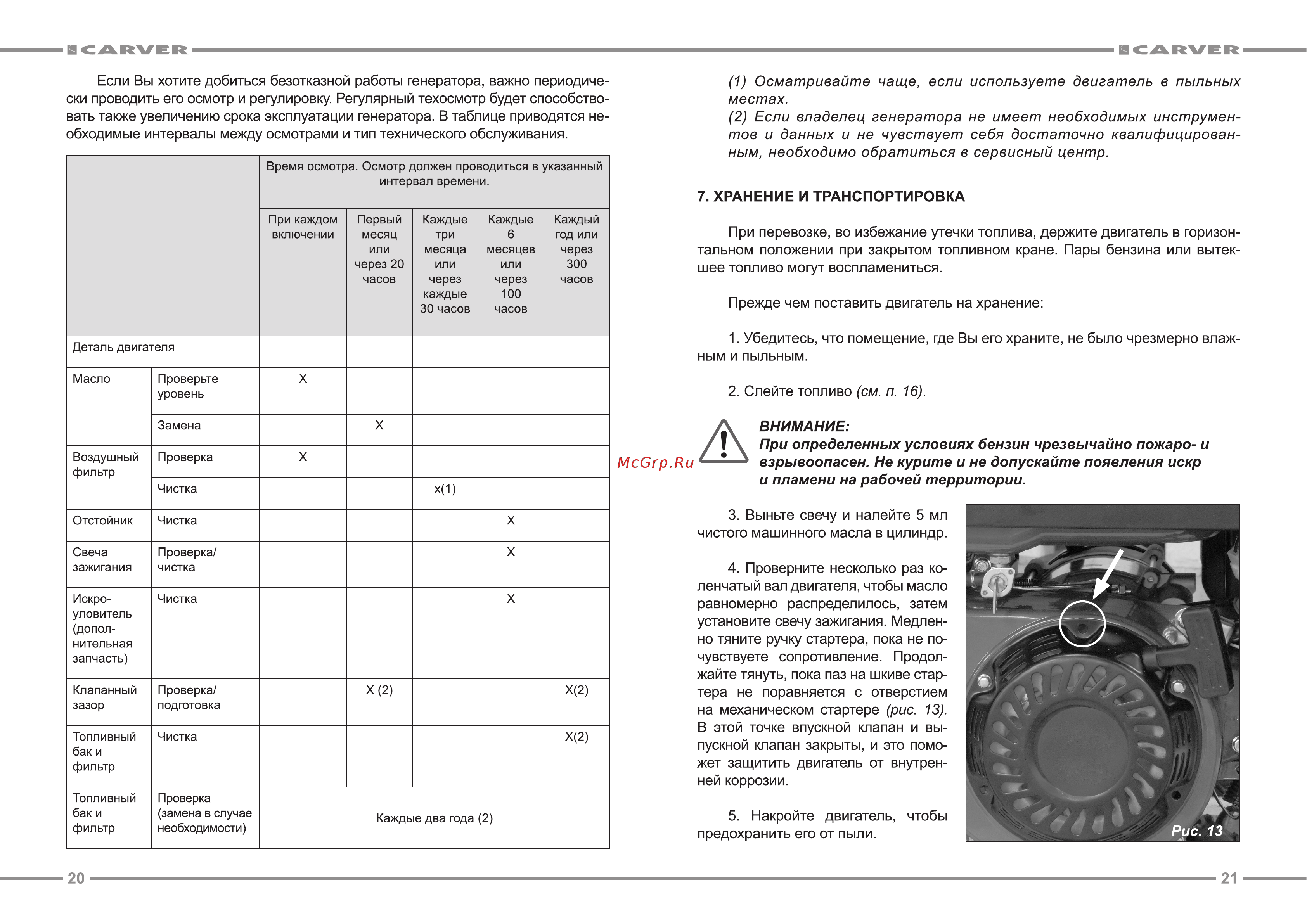 Carver BUILDER 3900A [11/13] 1 осматривайте чаще если используете двигатель в пыльных местах 2 если владелец генератора не имеет необходимых инструмен тов и данных и не чувствует себя достаточно квалифицирован ным необходимо обратиться в сервисный центр
