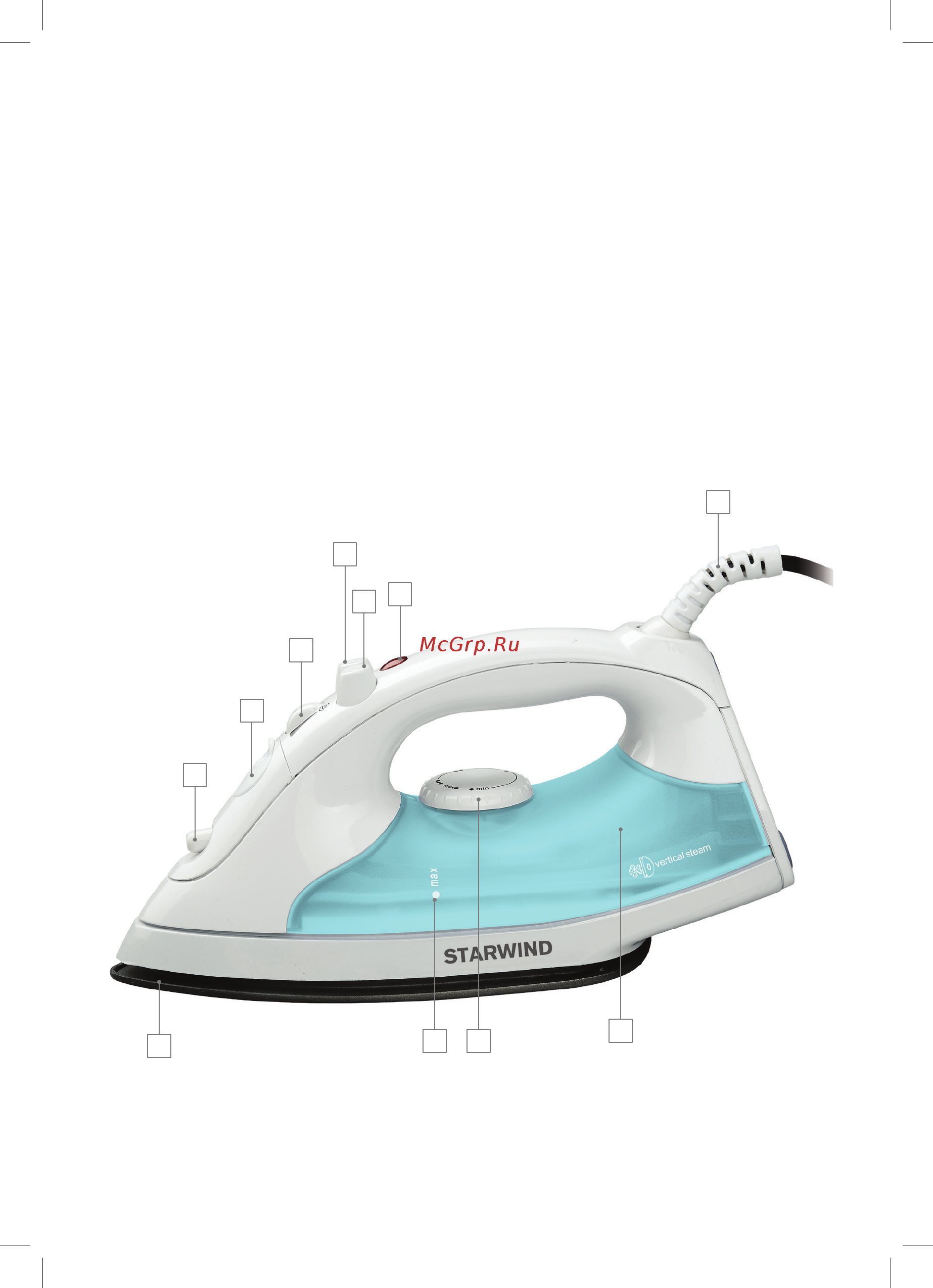 STARWIND SIR4716 [2/8] Подошва утюга 2 распылитель воды 3 крышка резервуара для воды 4 регулятор подачи пара 5 кнопка разбрызгивателя воды 6 кнопка подачи пара